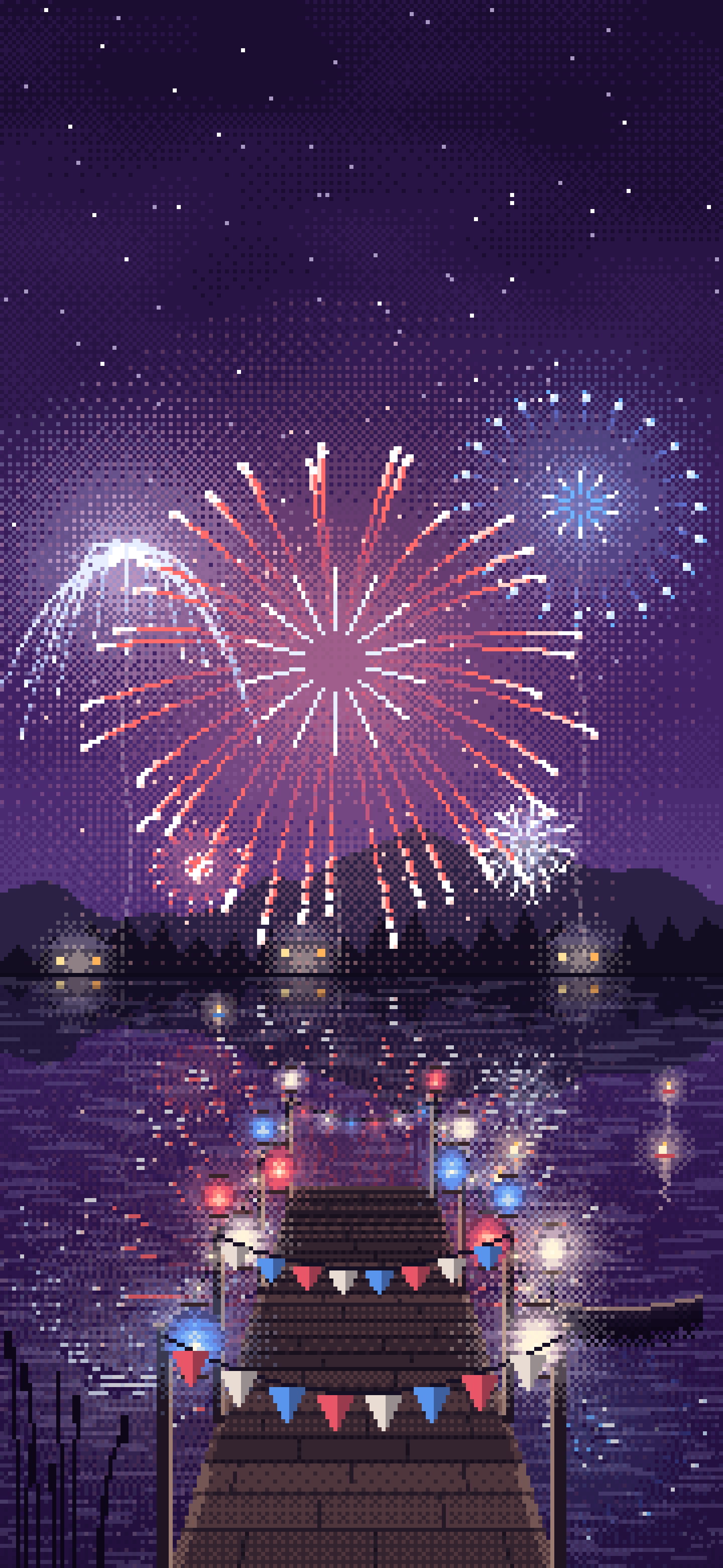Dark Purple Pixel Art 4th of July Fireworks over a Lake wallpaper for iPhone and Android