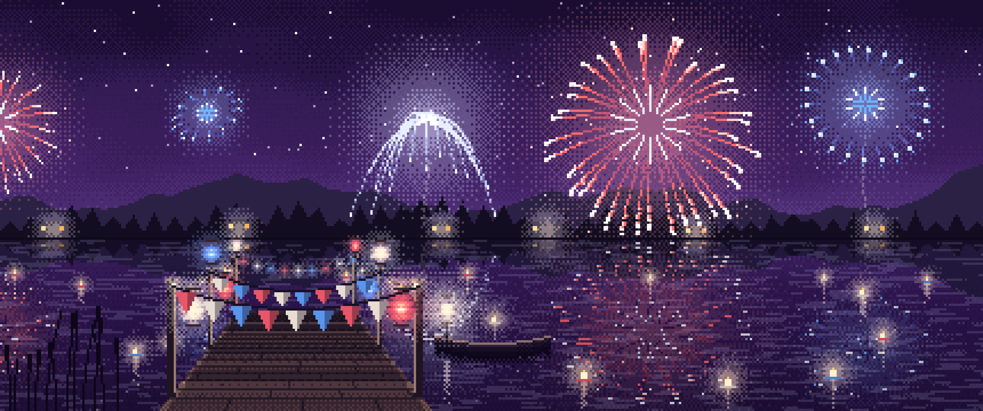 Dark Purple Pixel Art 4th of July Fireworks over a Lake ultrawide wallpaper, 3440 × 1440