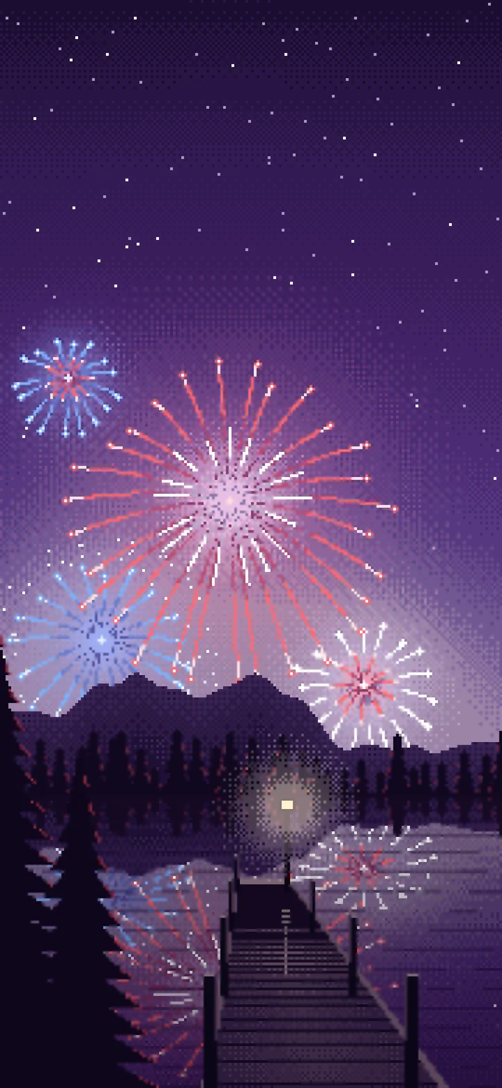 Dark Purple Pixel Art 4th of July Fireworks wallpaper for iPhone and Android