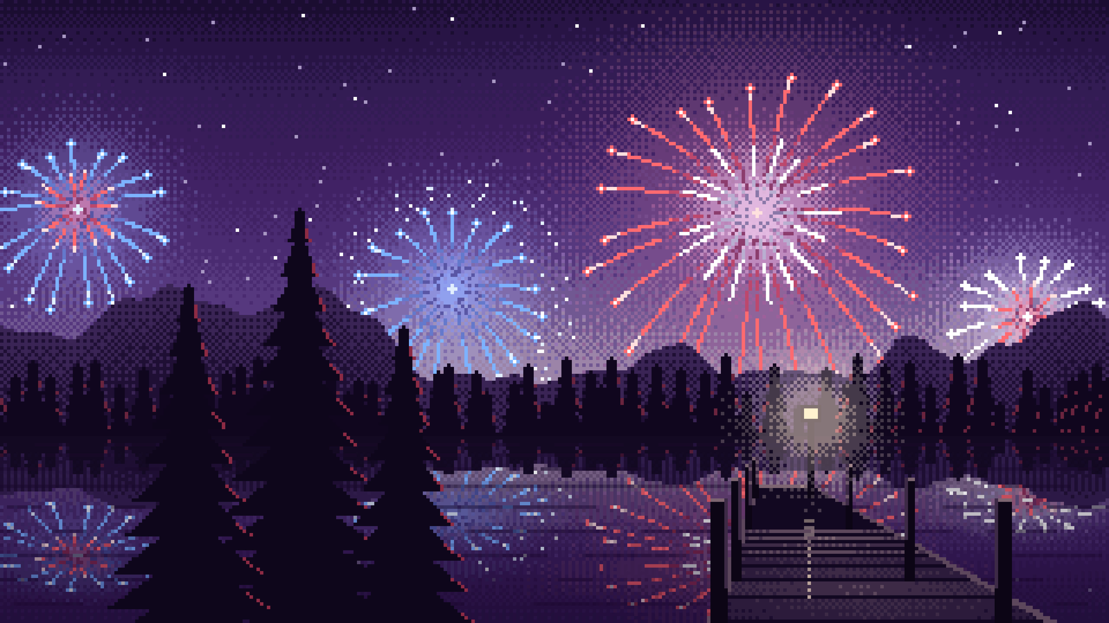 Dark Purple Pixel Art 4th of July Fireworks desktop wallpaper in 4K
