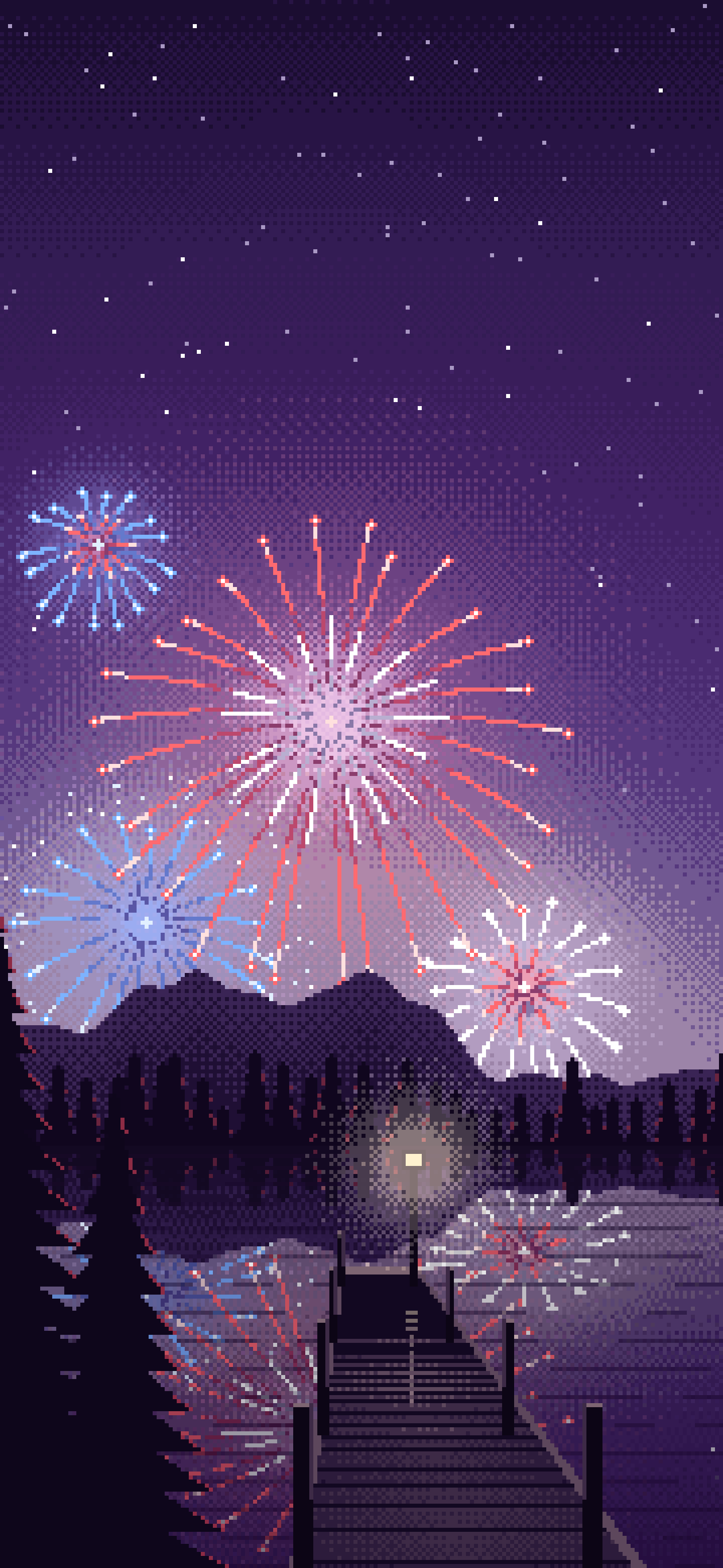 Dark Purple Pixel Art 4th of July Fireworks wallpaper for iPhone and Android