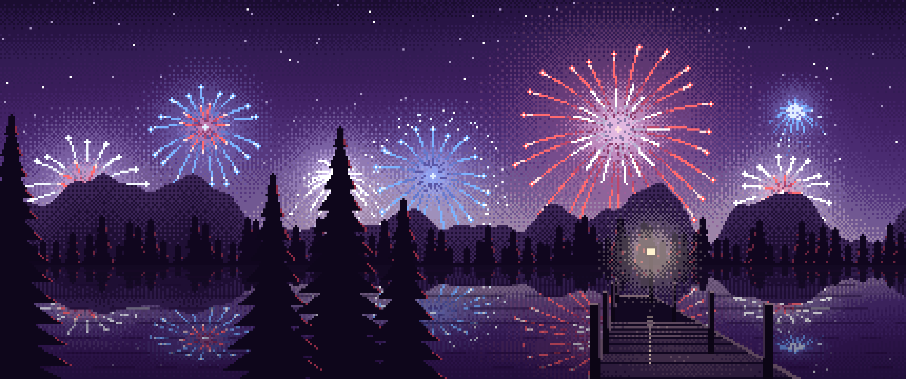 Dark Purple Pixel Art 4th of July Fireworks ultrawide wallpaper, 3440 × 1440