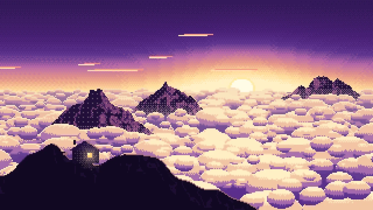 Dark Purple Pixel Art Above the Clouds at Sunrise desktop wallpaper in 4K