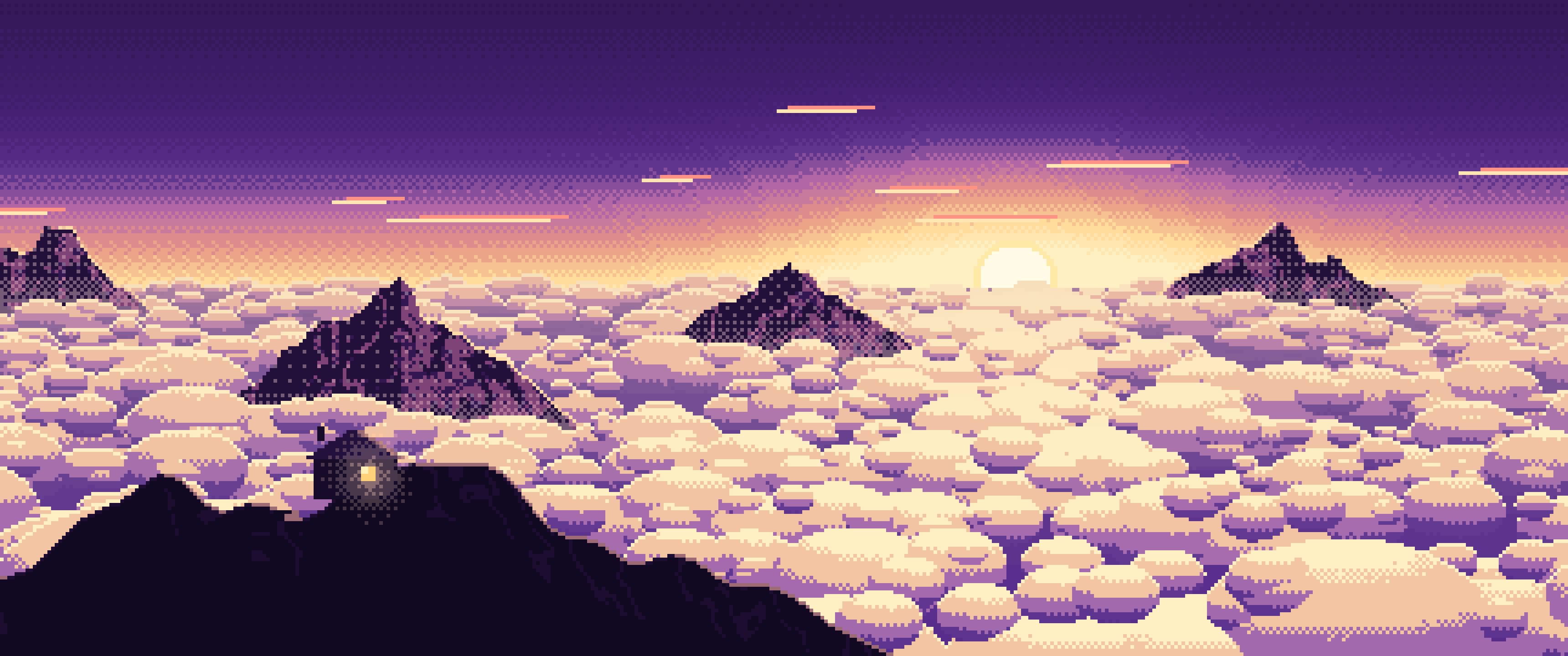 Dark Purple Pixel Art Above the Clouds at Sunrise ultrawide wallpaper, 3440 × 1440