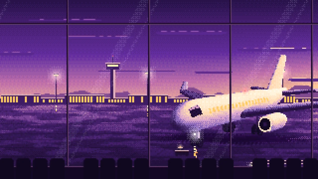 Dark Purple Pixel Art Airplane at the Airport at Dusk desktop wallpaper in 4K