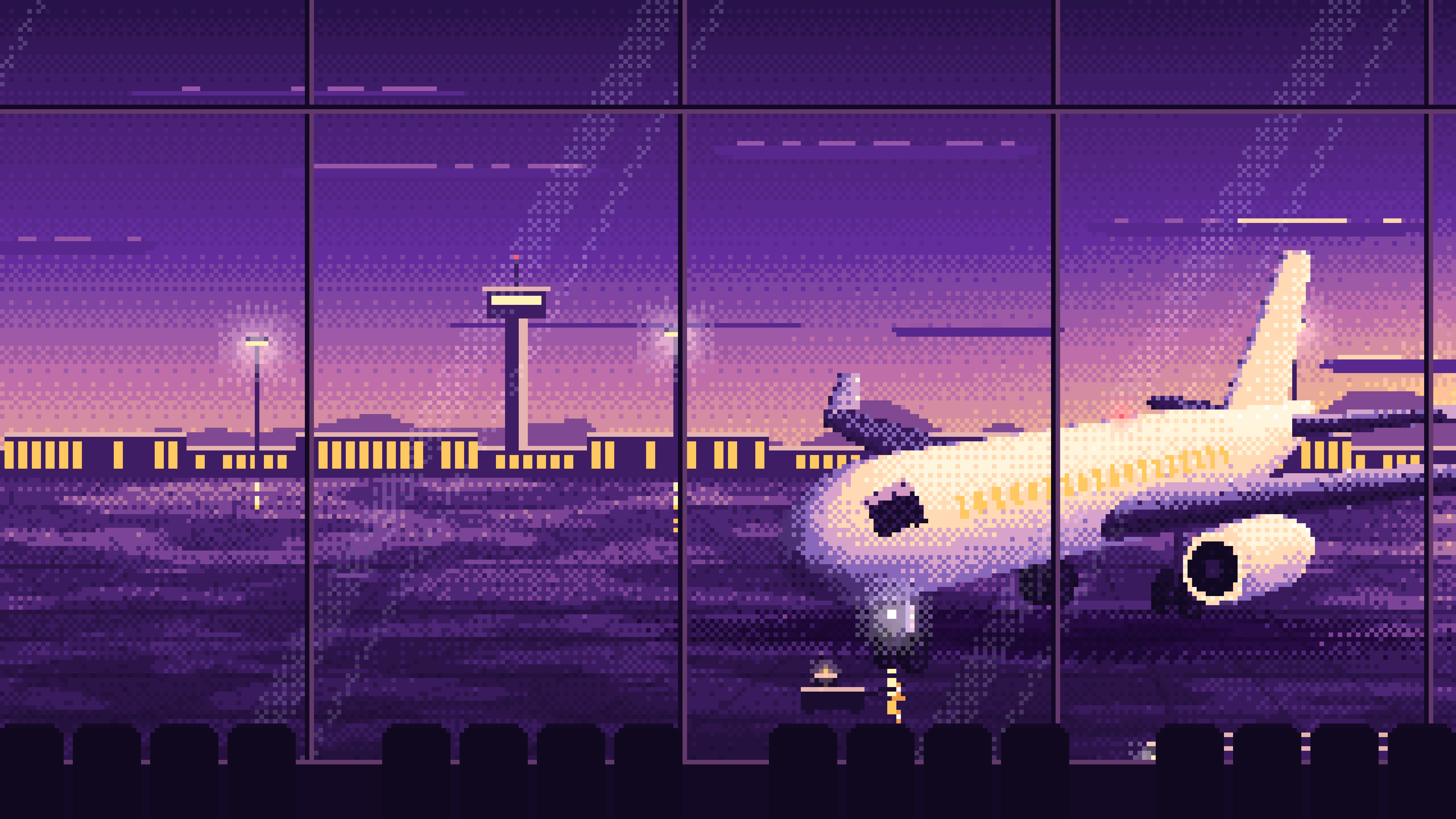 Dark Purple Pixel Art Airplane at the Airport at Dusk desktop wallpaper in 4K