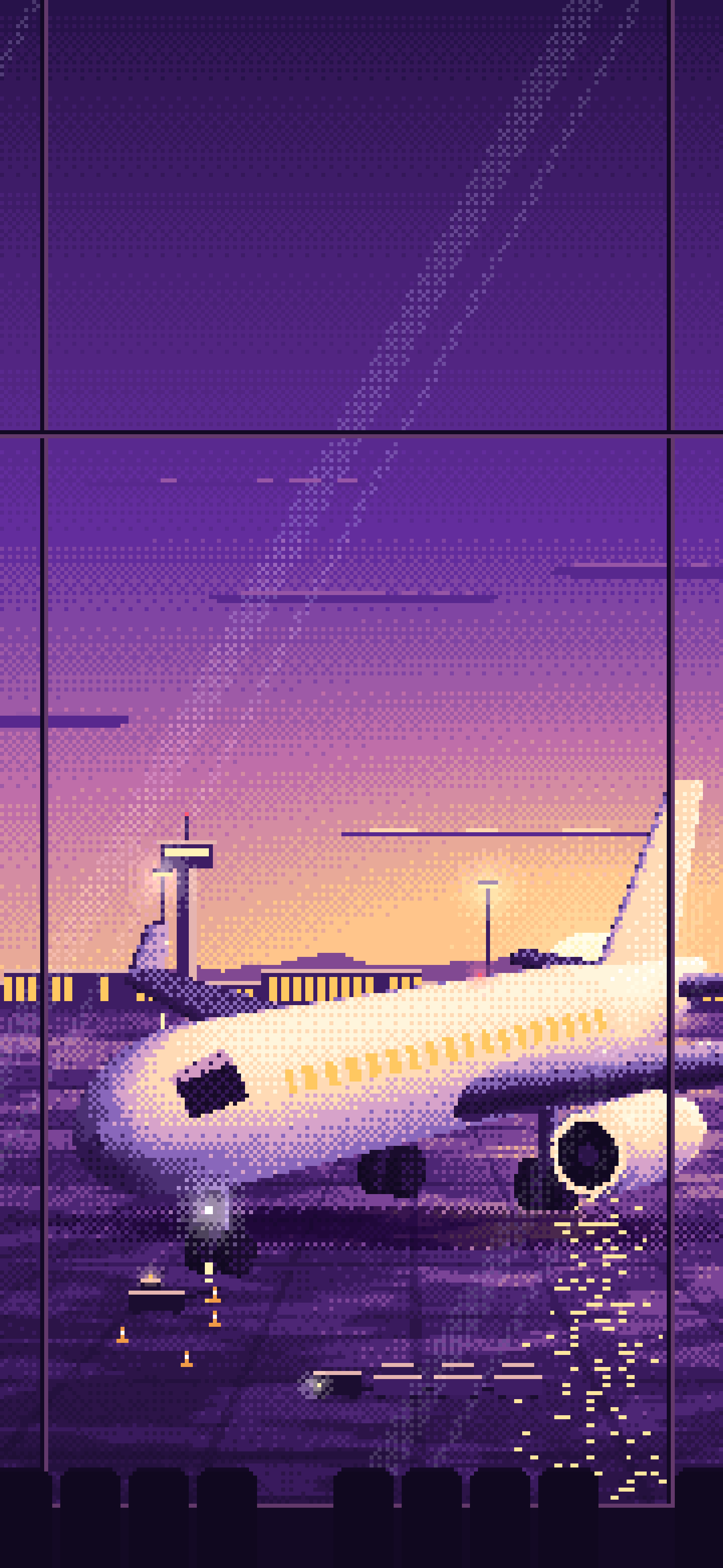 Dark Purple Pixel Art Airplane at the Airport at Dusk wallpaper for iPhone and Android