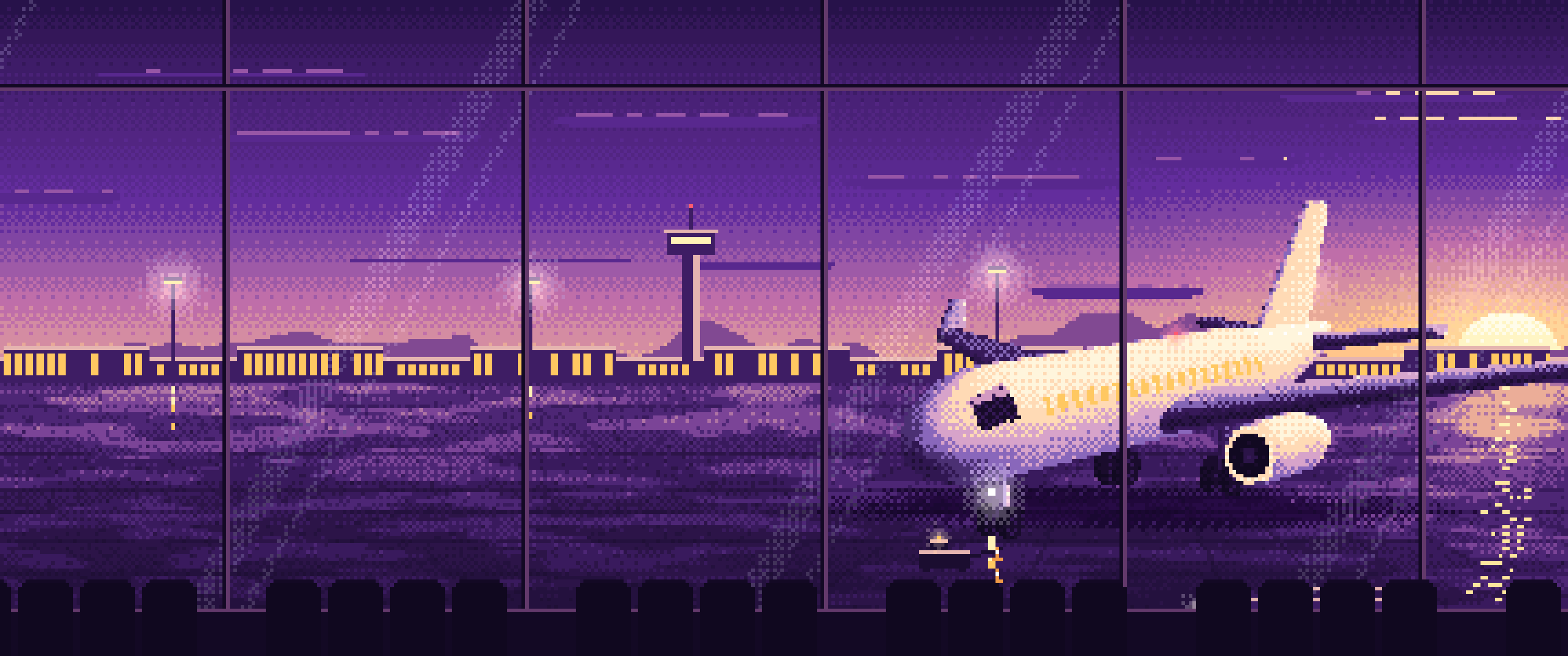 Dark Purple Pixel Art Airplane at the Airport at Dusk ultrawide wallpaper, 3440 × 1440