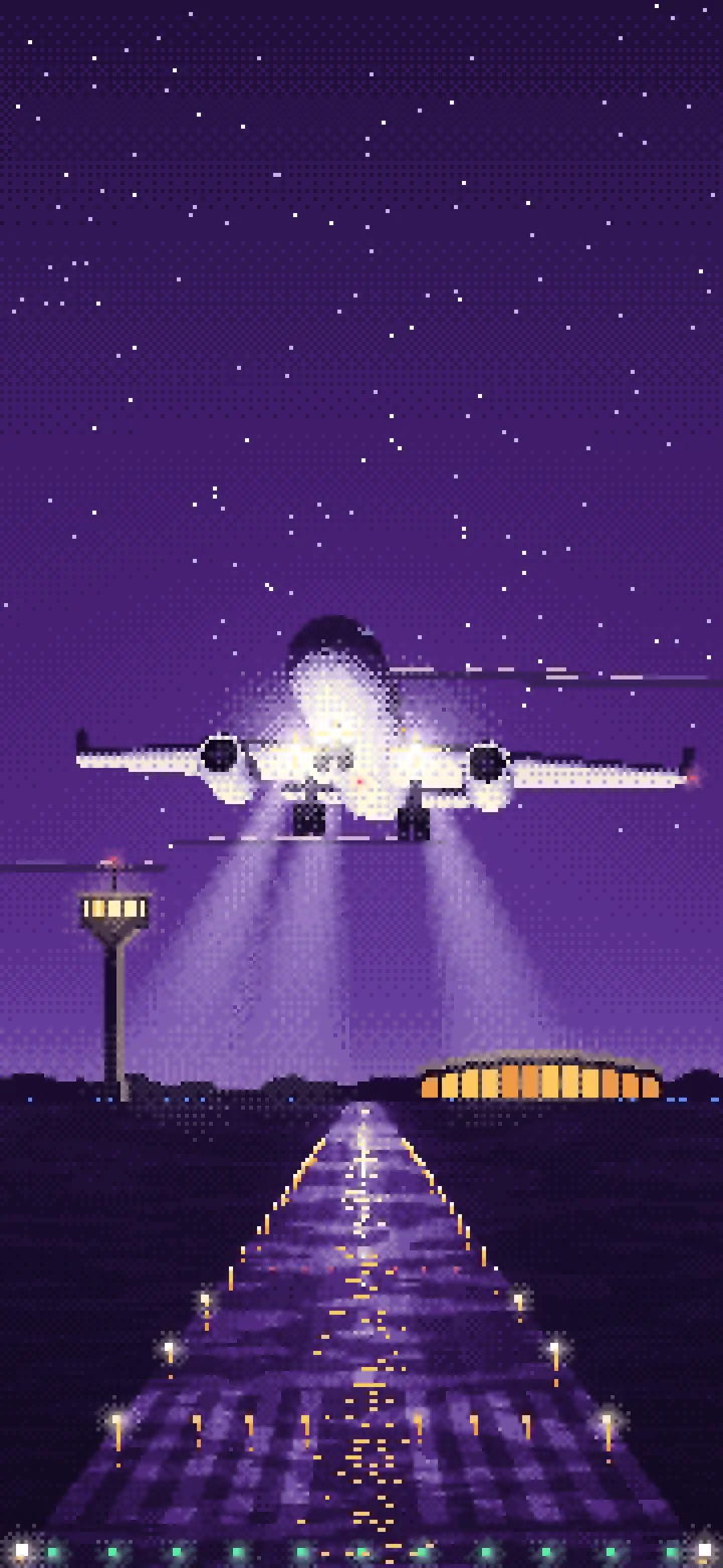 Dark Purple Pixel Art Airplane Landing at Night wallpaper for iPhone and Android