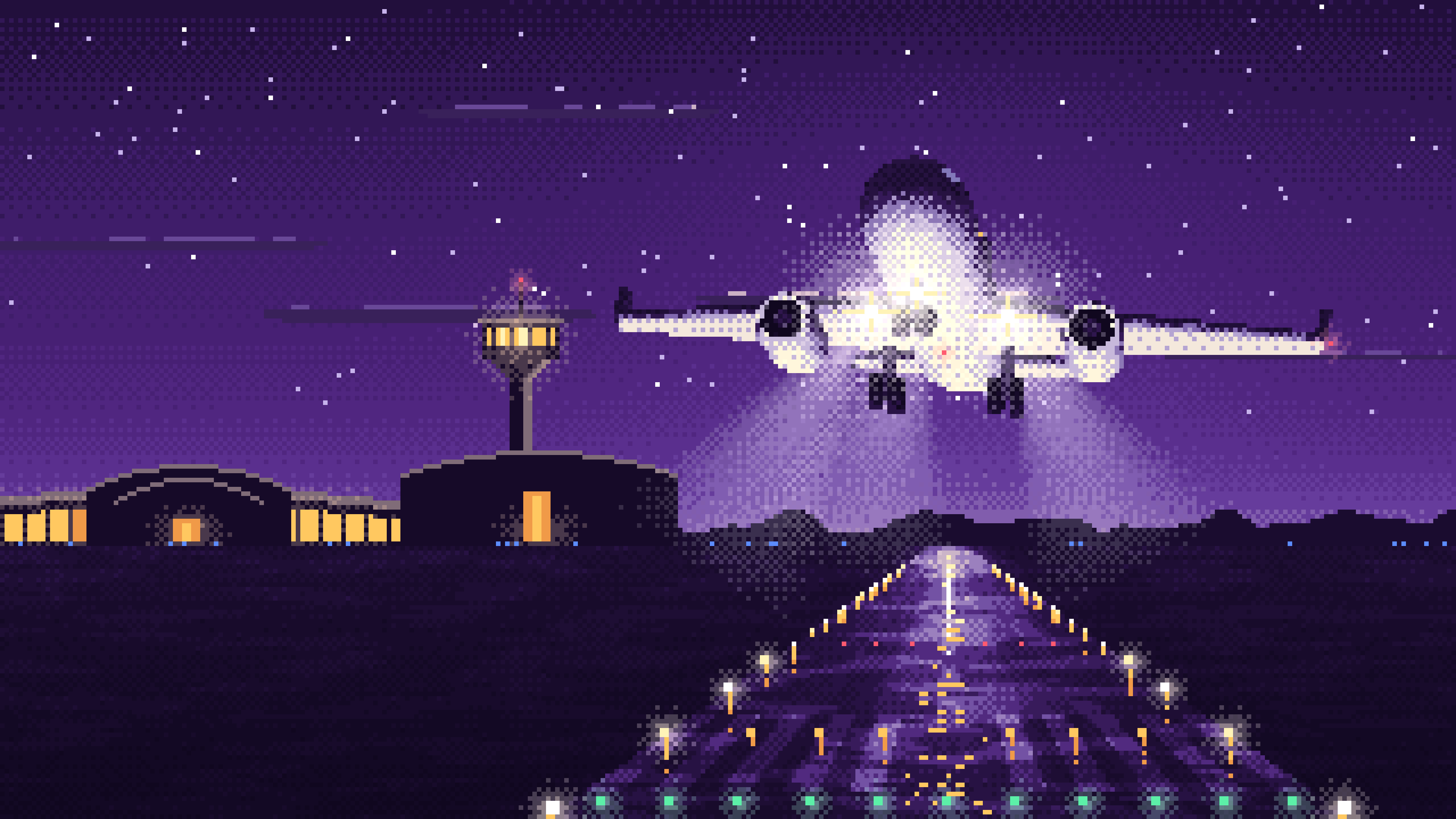 Dark Purple Pixel Art Airplane Landing at Night desktop wallpaper in 4K