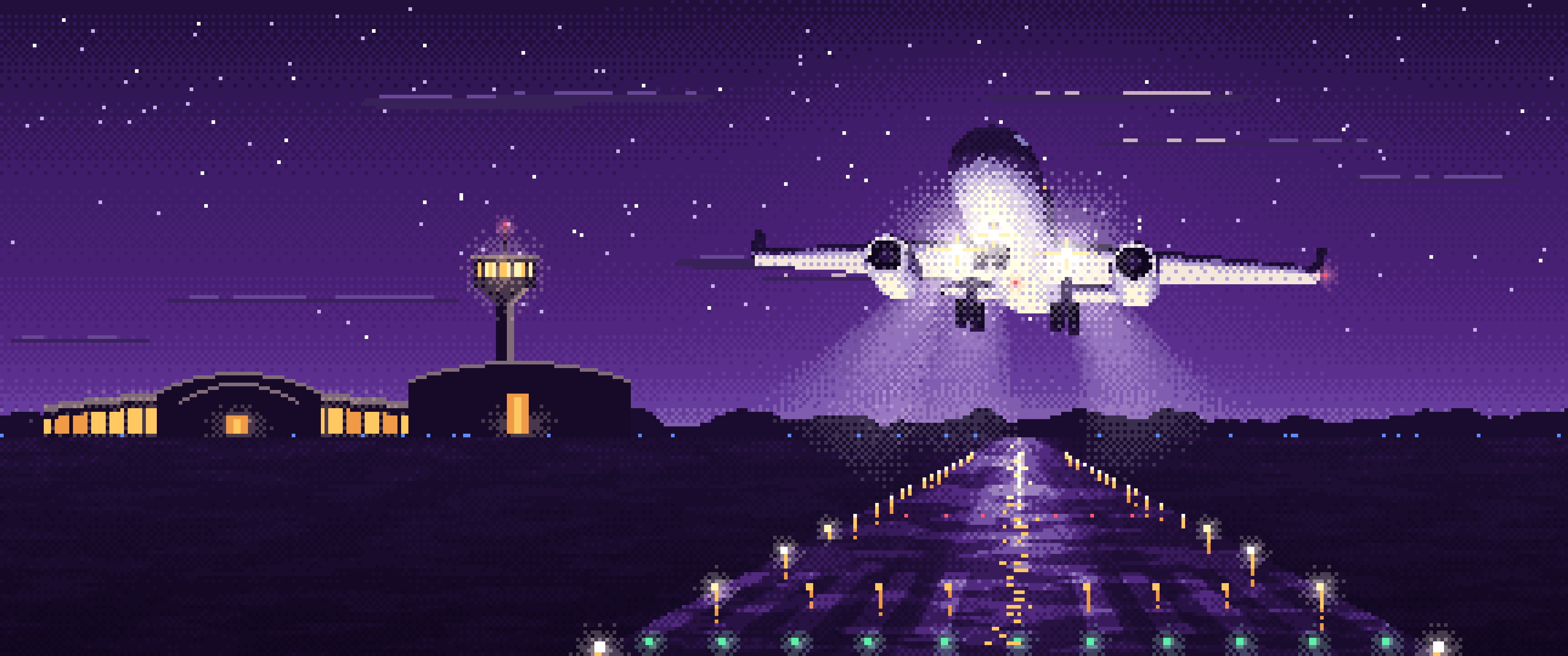 Dark Purple Pixel Art Airplane Landing at Night ultrawide wallpaper, 3440 × 1440