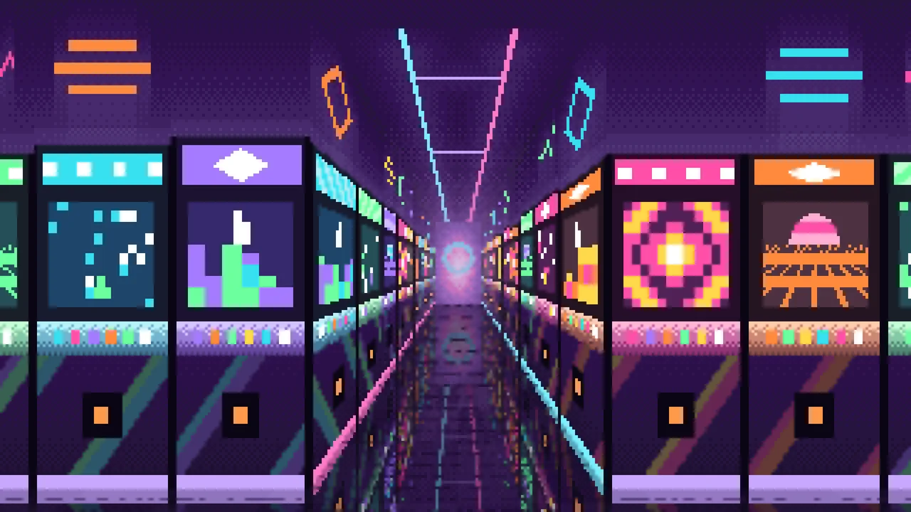 Dark Purple Pixel Art Arcade Aisle desktop wallpaper in 4K