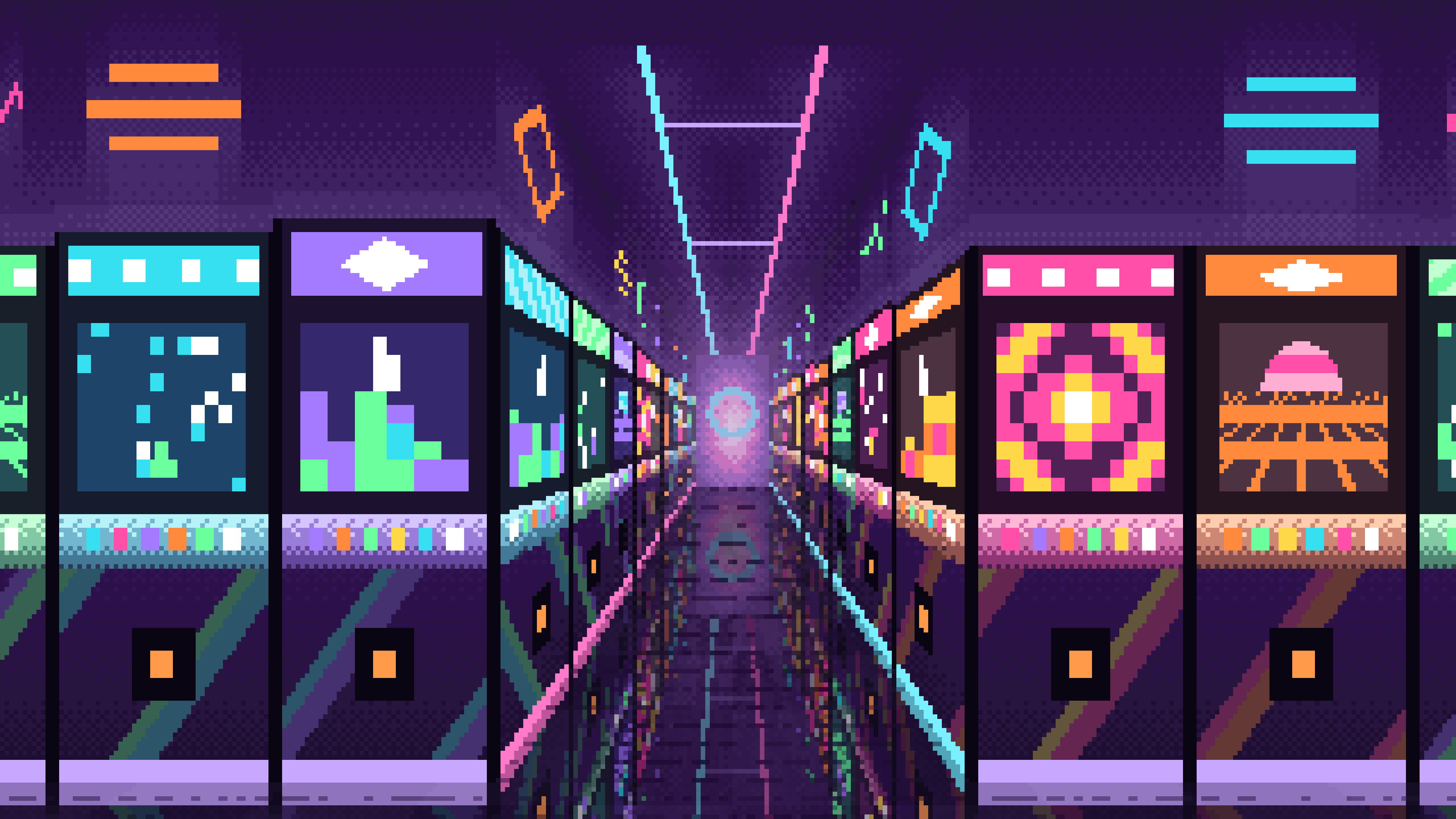 Dark Purple Pixel Art Arcade Aisle desktop wallpaper in 4K