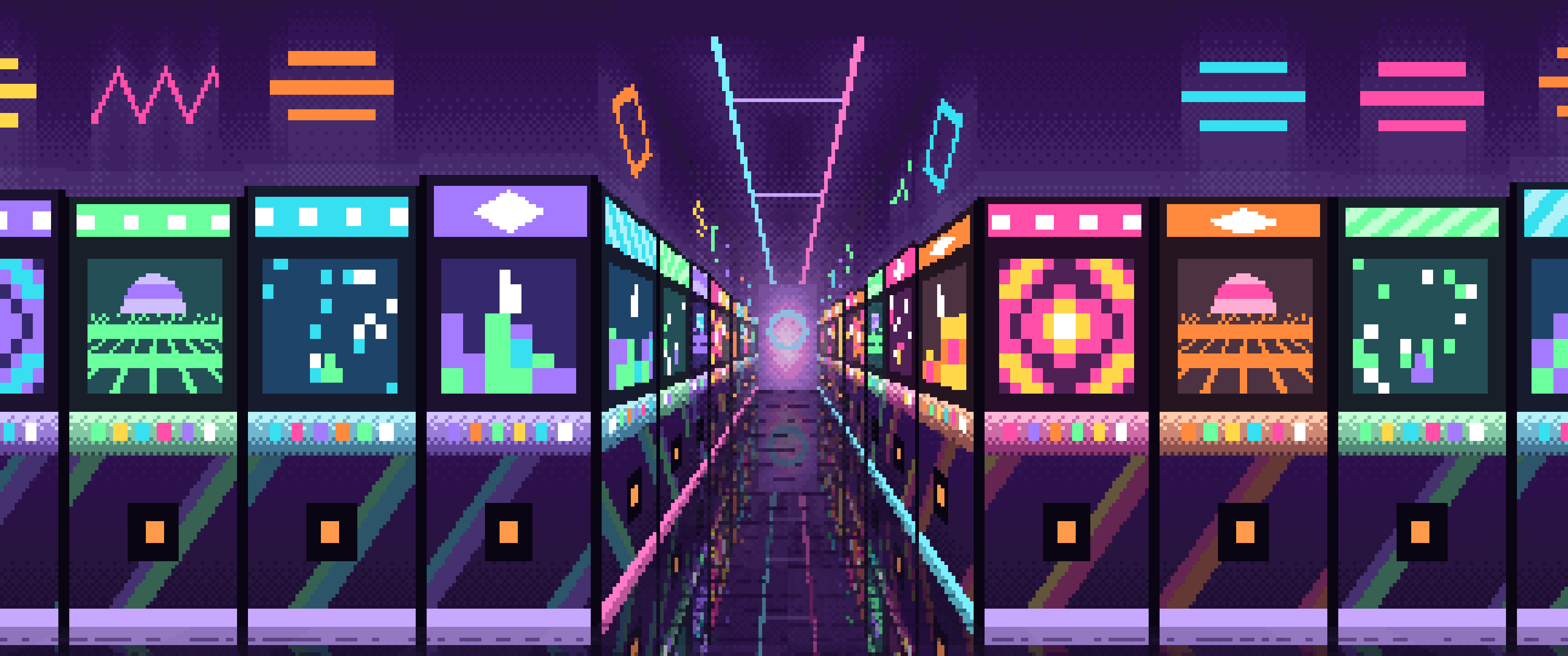 Dark Purple Pixel Art Arcade Aisle ultrawide wallpaper, 3440 × 1440