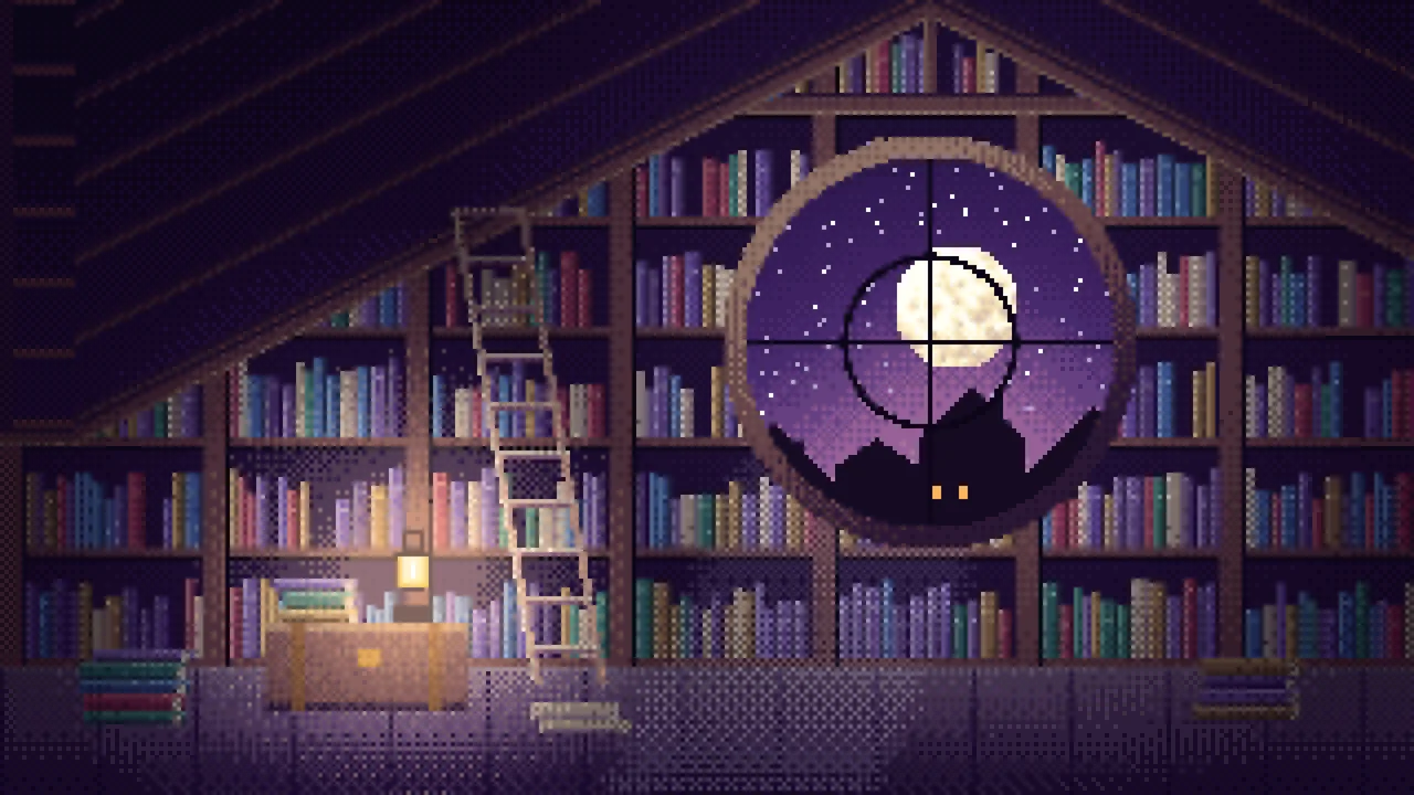 Dark Purple Pixel Art Attic Library and Moon desktop wallpaper in 4K