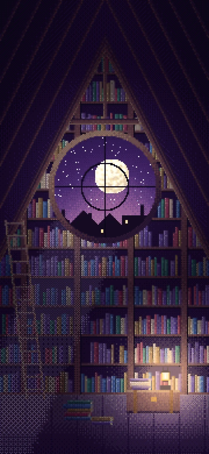 Dark Purple Pixel Art Attic Library and Moon wallpaper for iPhone and Android