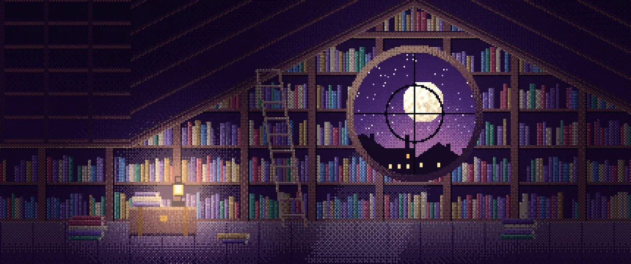 Dark Purple Pixel Art Attic Library and Moon ultrawide wallpaper, 3440 × 1440
