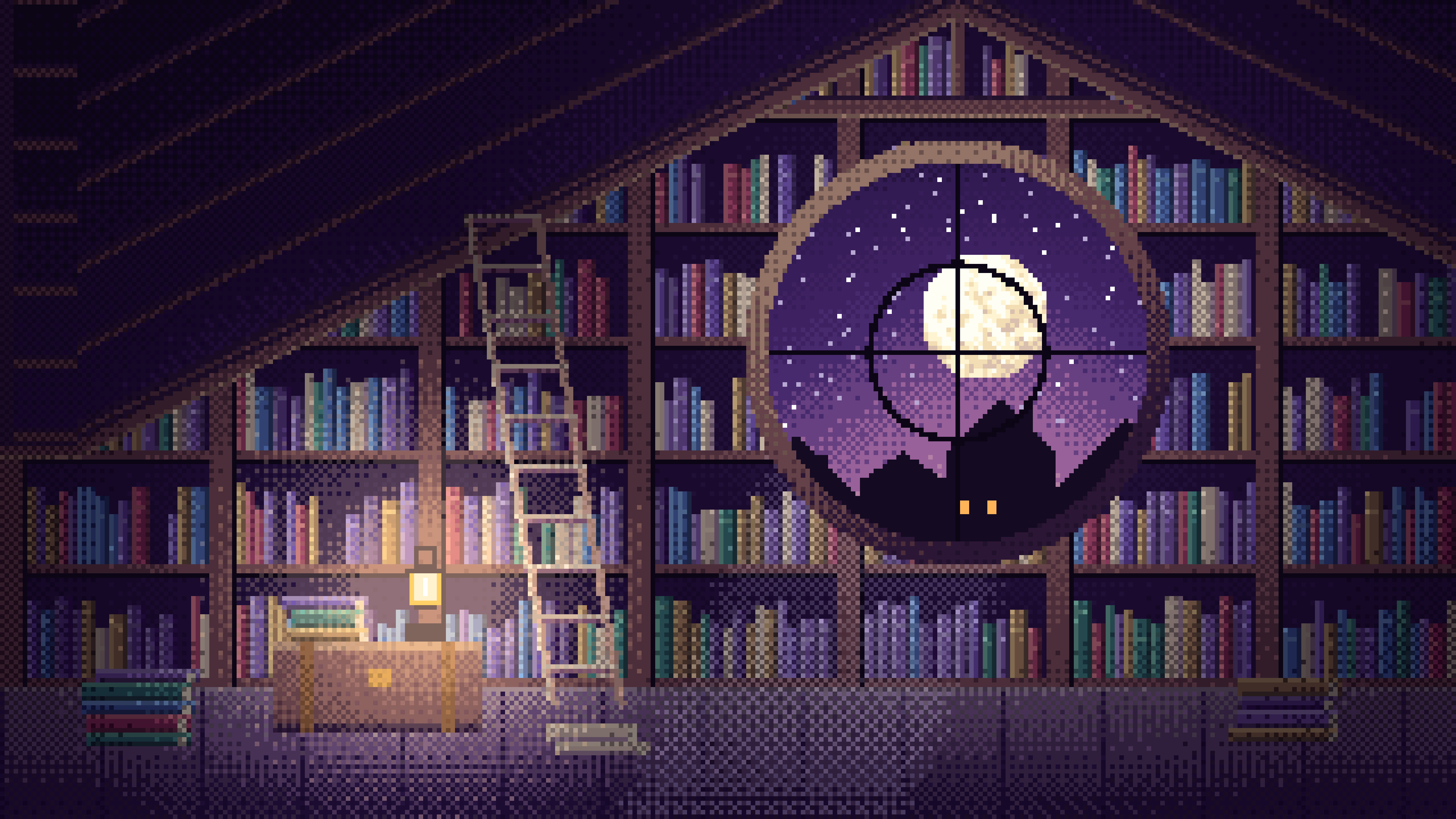 Dark Purple Pixel Art Attic Library and Moon desktop wallpaper in 4K