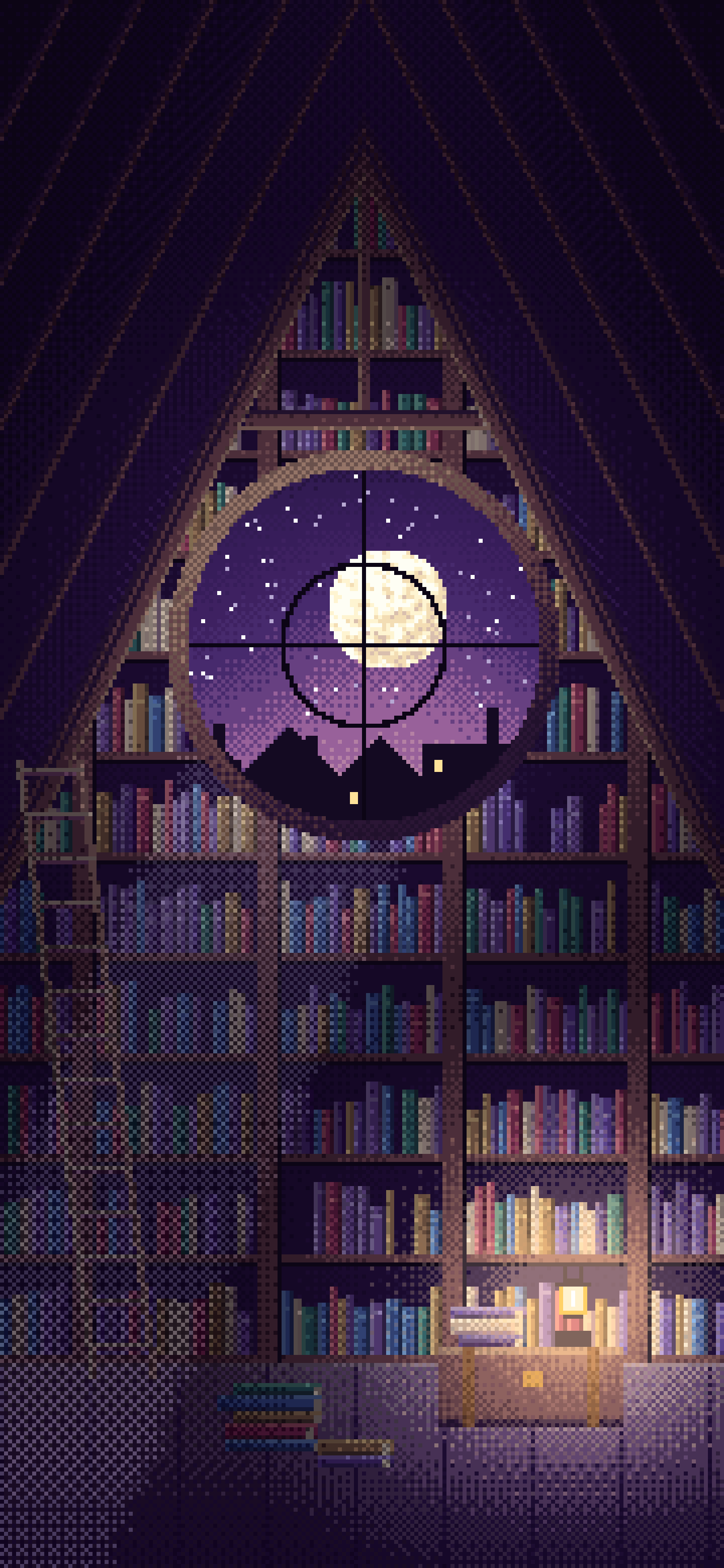 Dark Purple Pixel Art Attic Library and Moon wallpaper for iPhone and Android