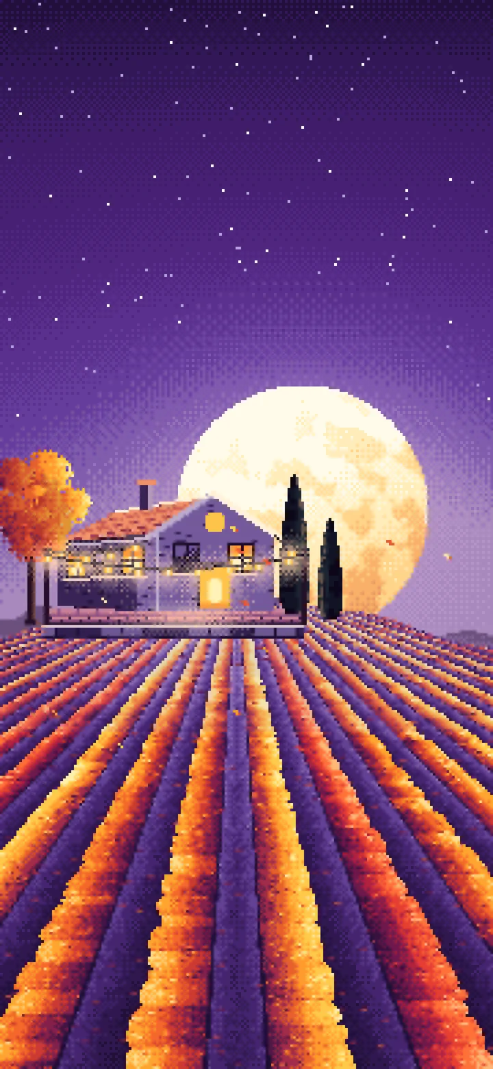 Dark Purple Pixel Art Autumn Vineyard under a Harvest Moon wallpaper for iPhone and Android