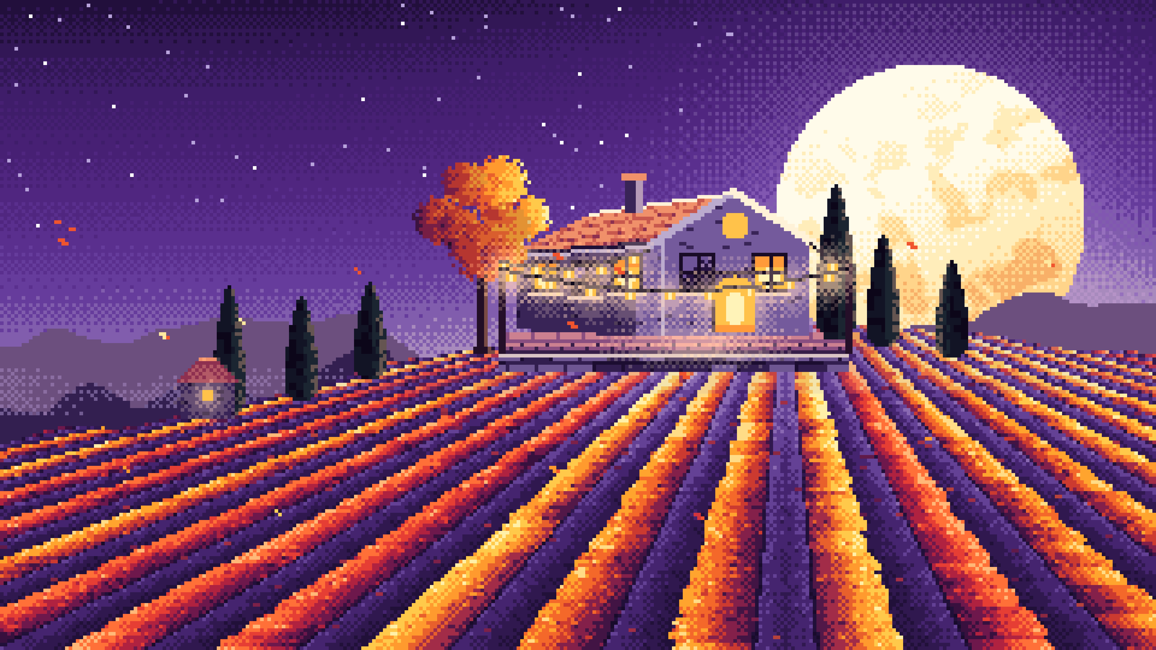Dark Purple Pixel Art Autumn Vineyard under a Harvest Moon desktop wallpaper in 4K
