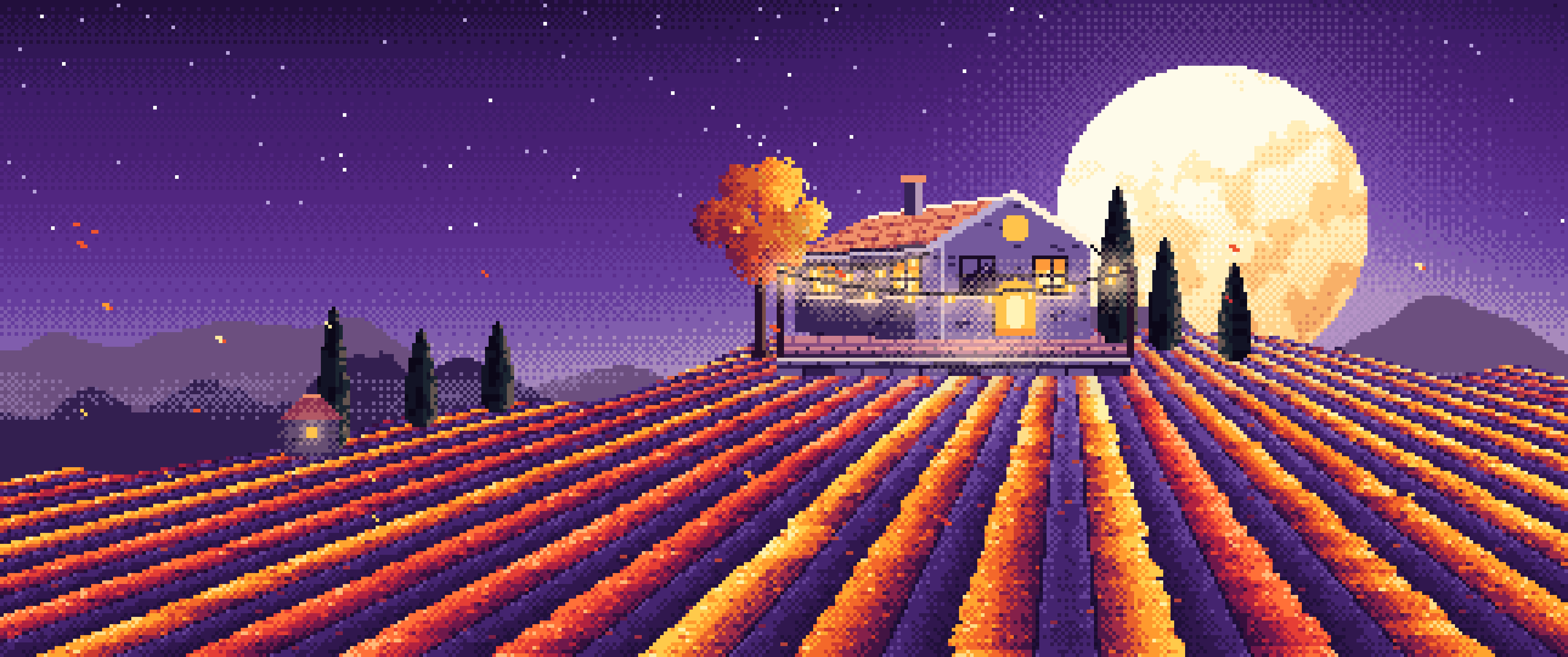 Dark Purple Pixel Art Autumn Vineyard under a Harvest Moon ultrawide wallpaper, 3440 × 1440