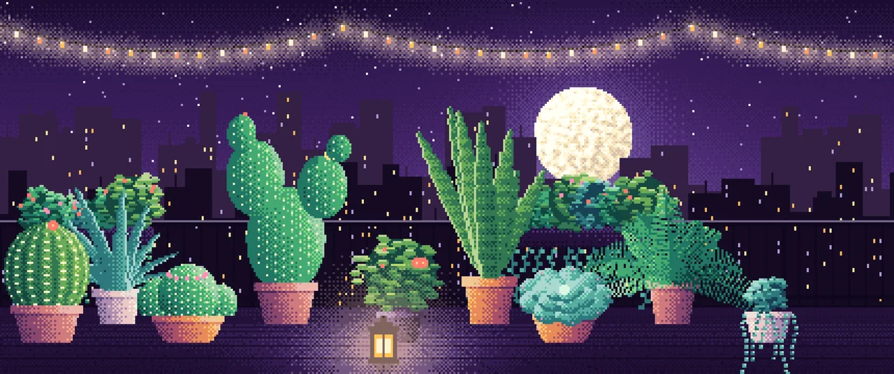 Dark Purple Pixel Art Balcony Garden at Night ultrawide wallpaper, 3440 × 1440