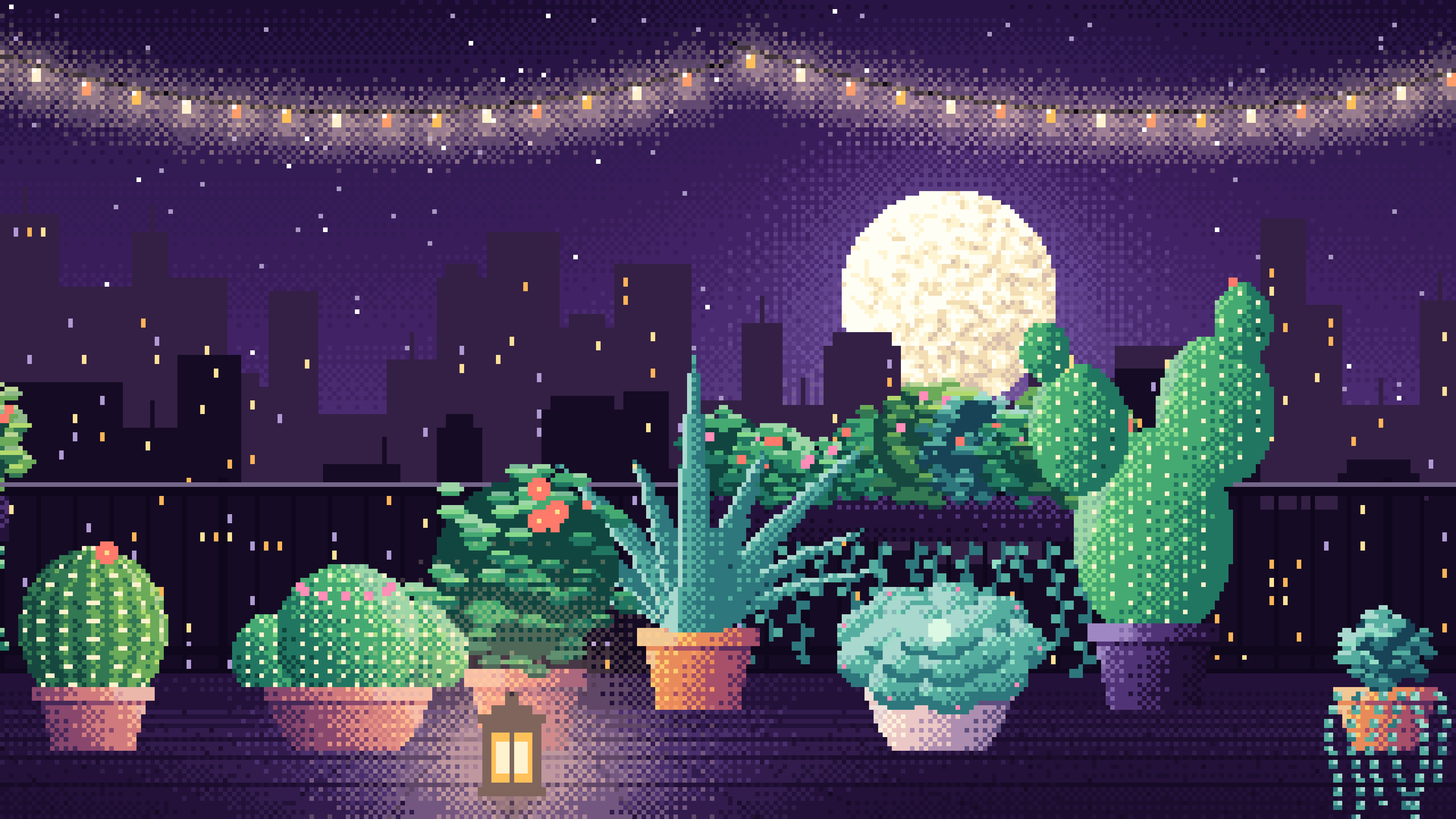 Dark Purple Pixel Art Balcony Garden at Night desktop wallpaper in 4K