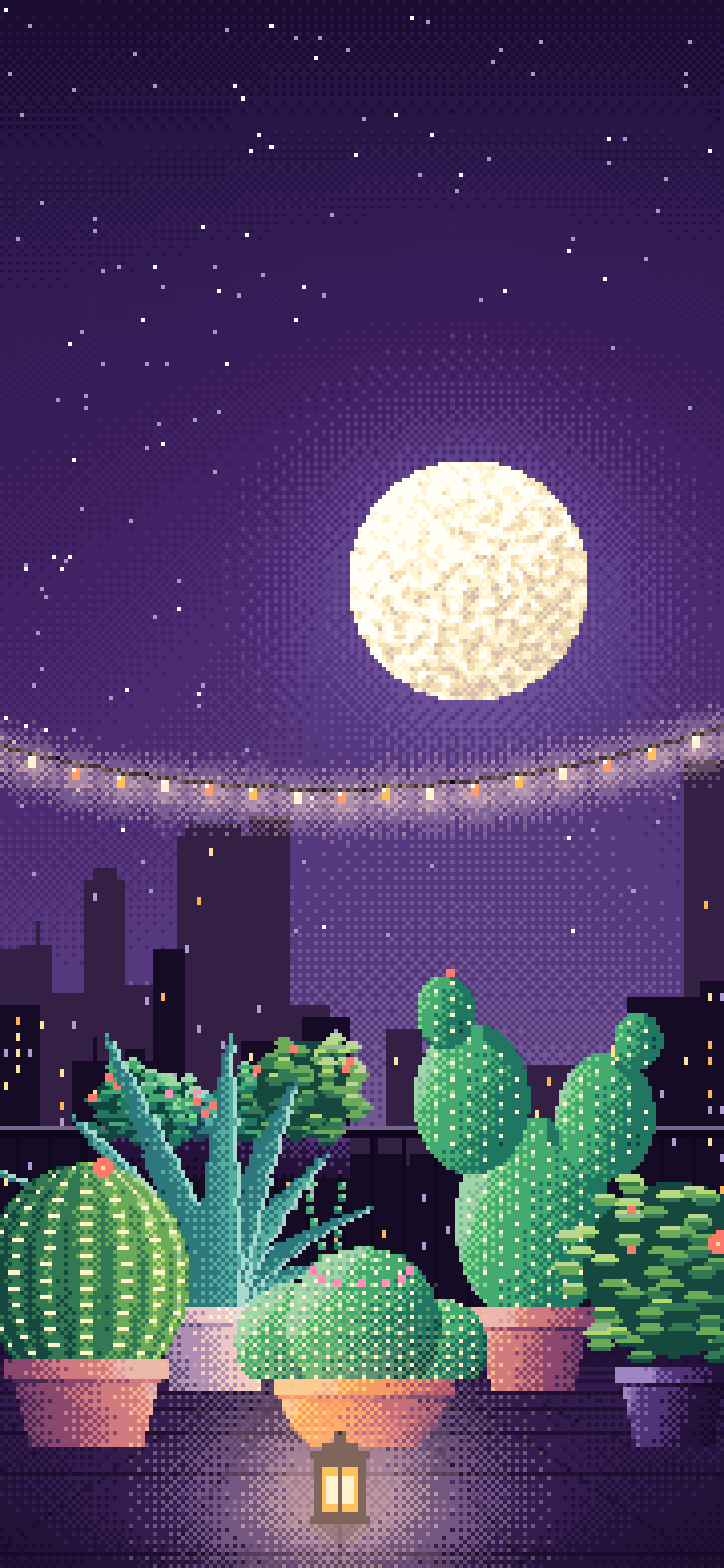 Dark Purple Pixel Art Balcony Garden at Night wallpaper for iPhone and Android