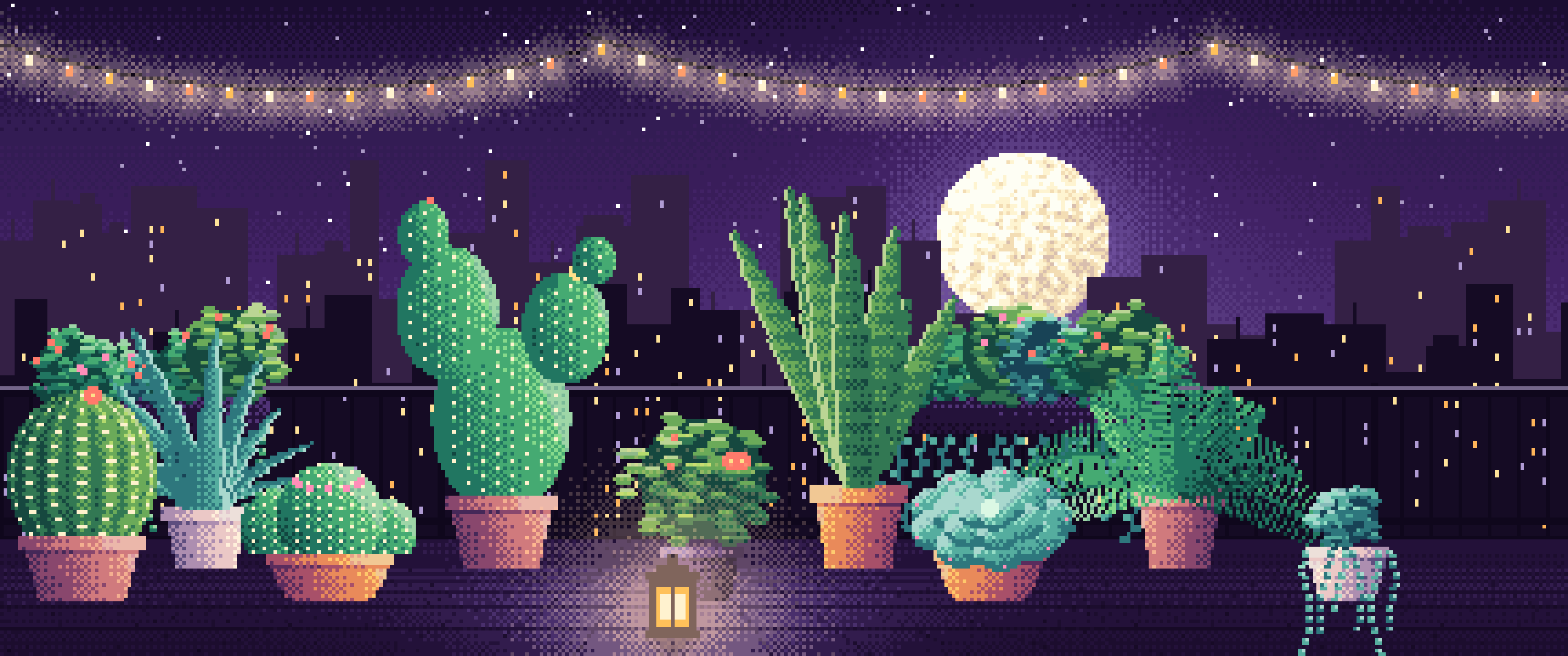 Dark Purple Pixel Art Balcony Garden at Night ultrawide wallpaper, 3440 × 1440
