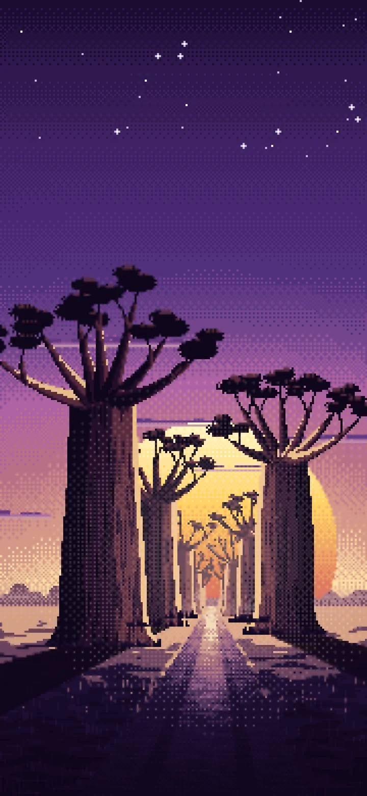 Dark Purple Pixel Art Baobab Trees at Sunset wallpaper for iPhone and Android