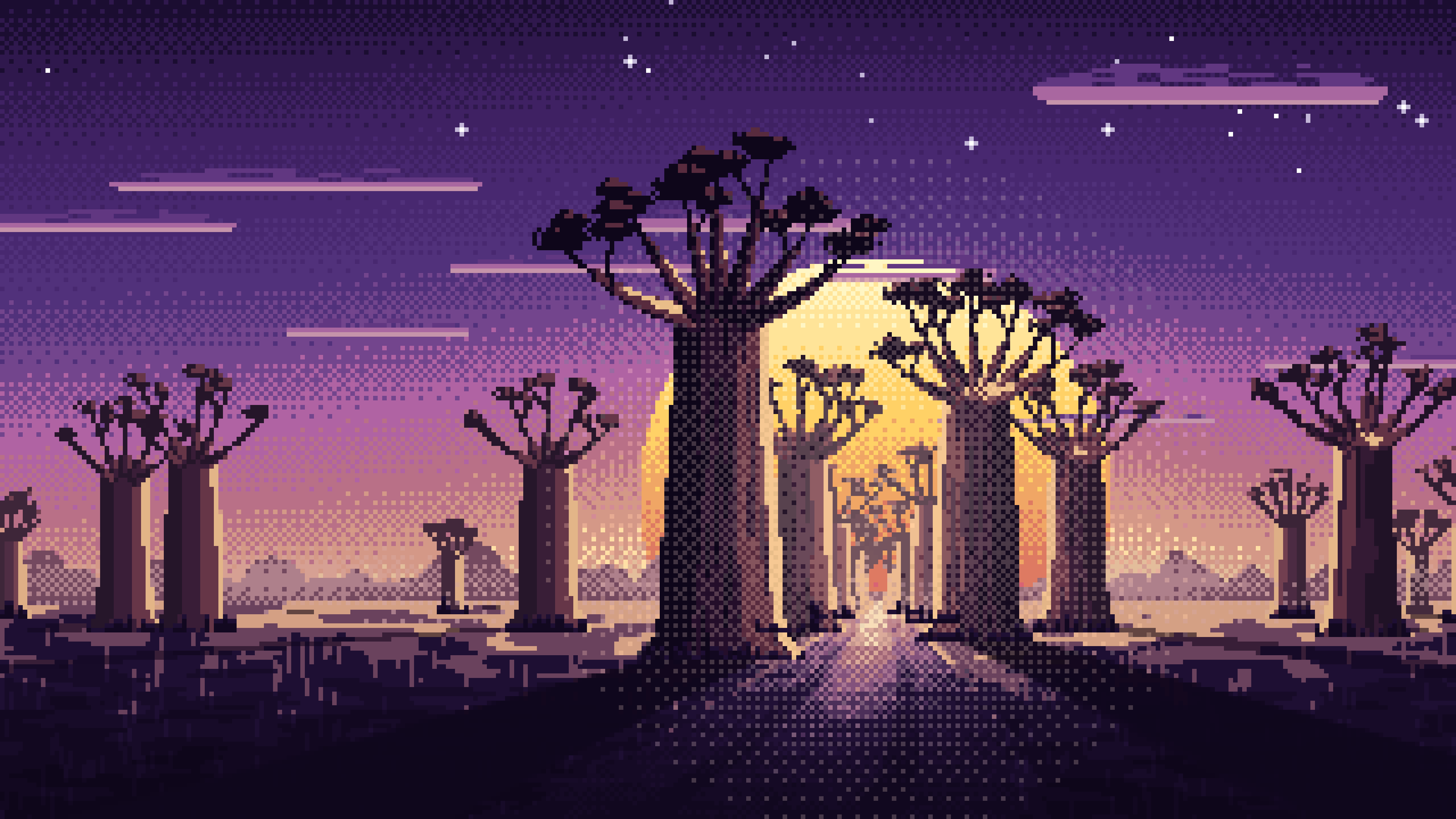Dark Purple Pixel Art Baobab Trees at Sunset desktop wallpaper in 4K