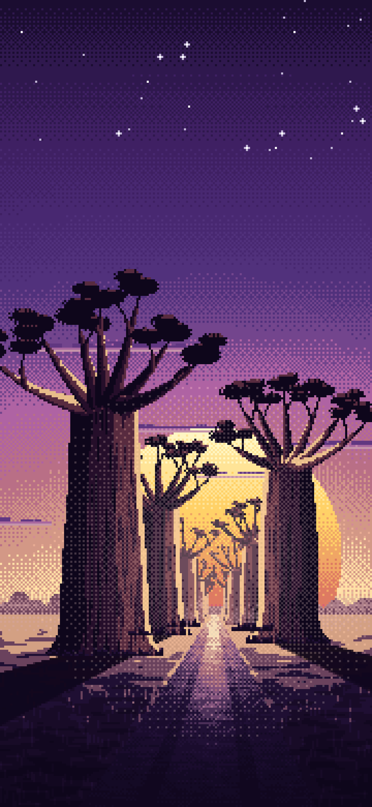 Dark Purple Pixel Art Baobab Trees at Sunset wallpaper for iPhone and Android