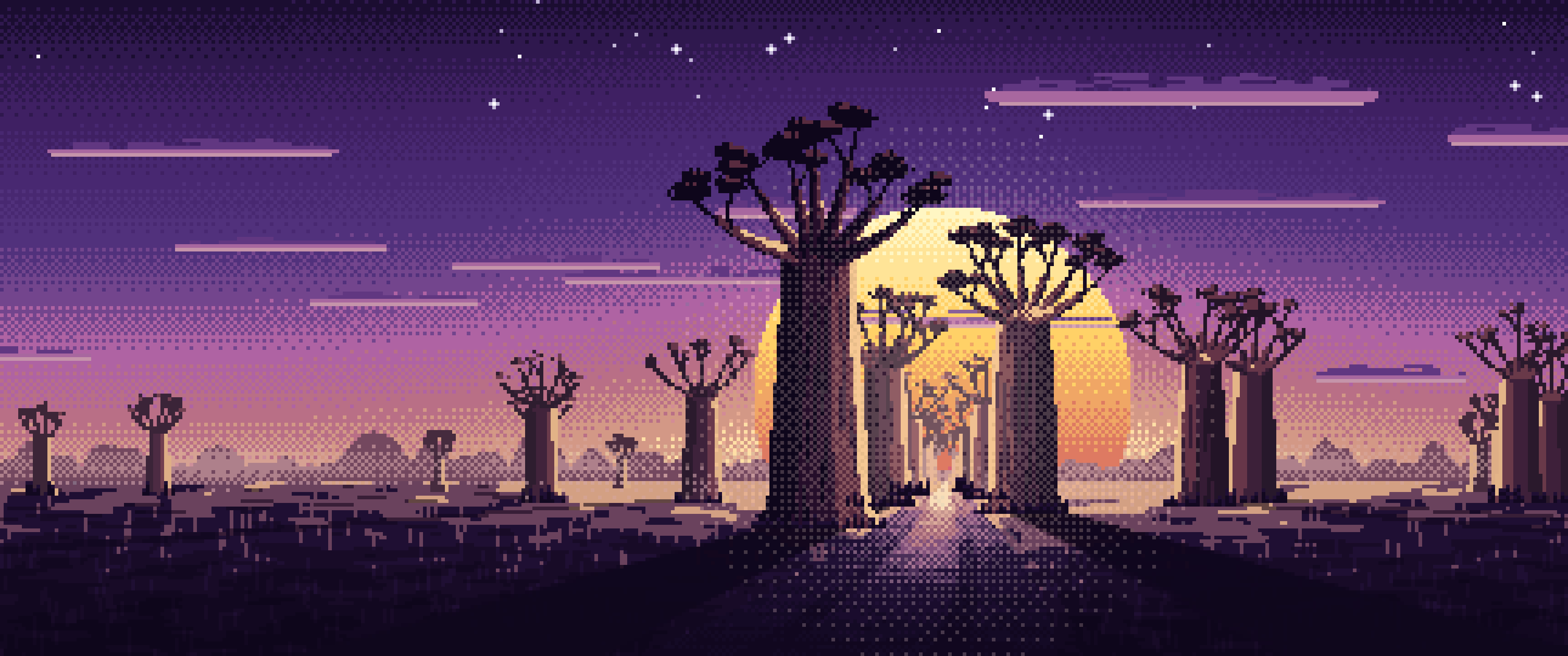 Dark Purple Pixel Art Baobab Trees at Sunset ultrawide wallpaper, 3440 × 1440