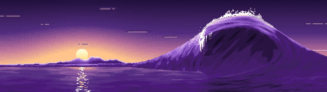 Dark Purple Pixel Art Barrel Wave at Sunset dual monitor wallpaper, 7680 × 2160