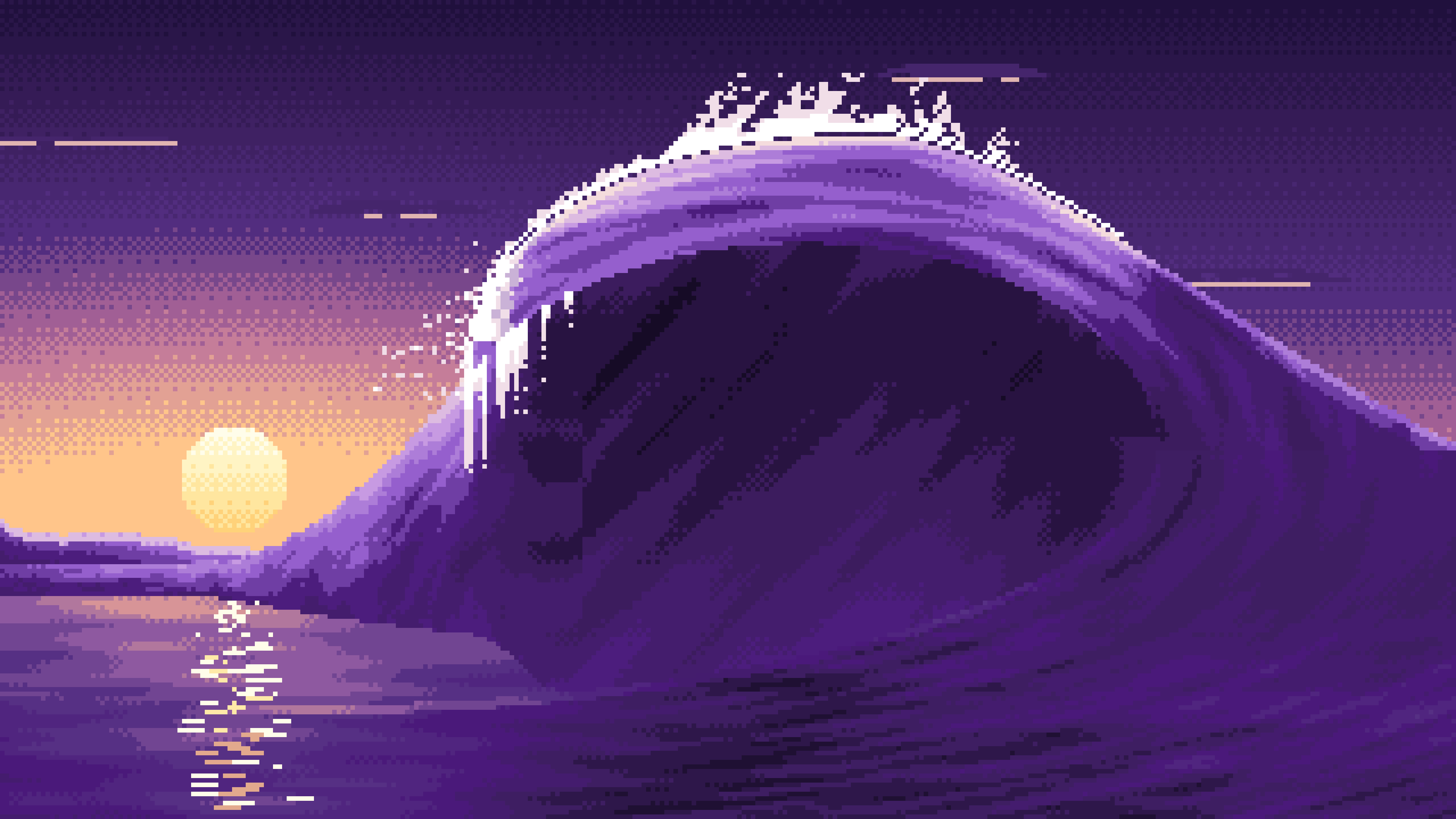 Dark Purple Pixel Art Barrel Wave at Sunset desktop wallpaper in 4K