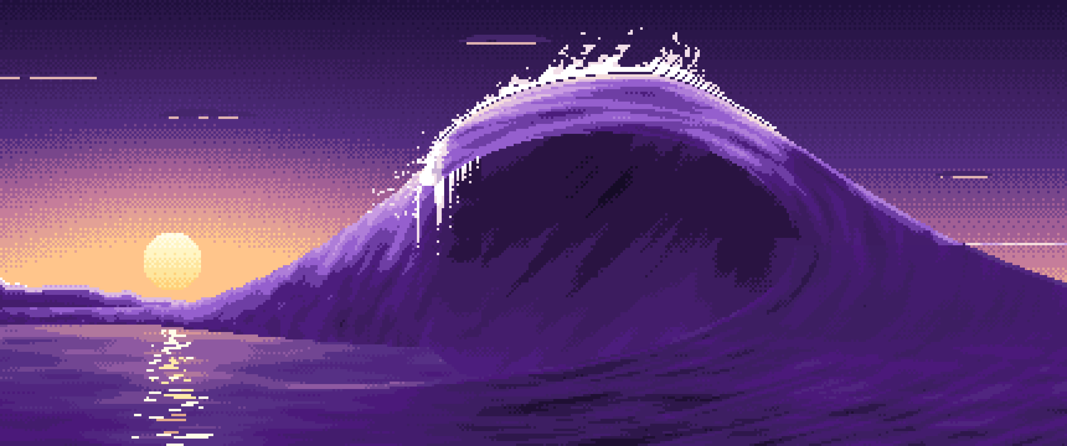 Dark Purple Pixel Art Barrel Wave at Sunset ultrawide wallpaper, 3440 × 1440
