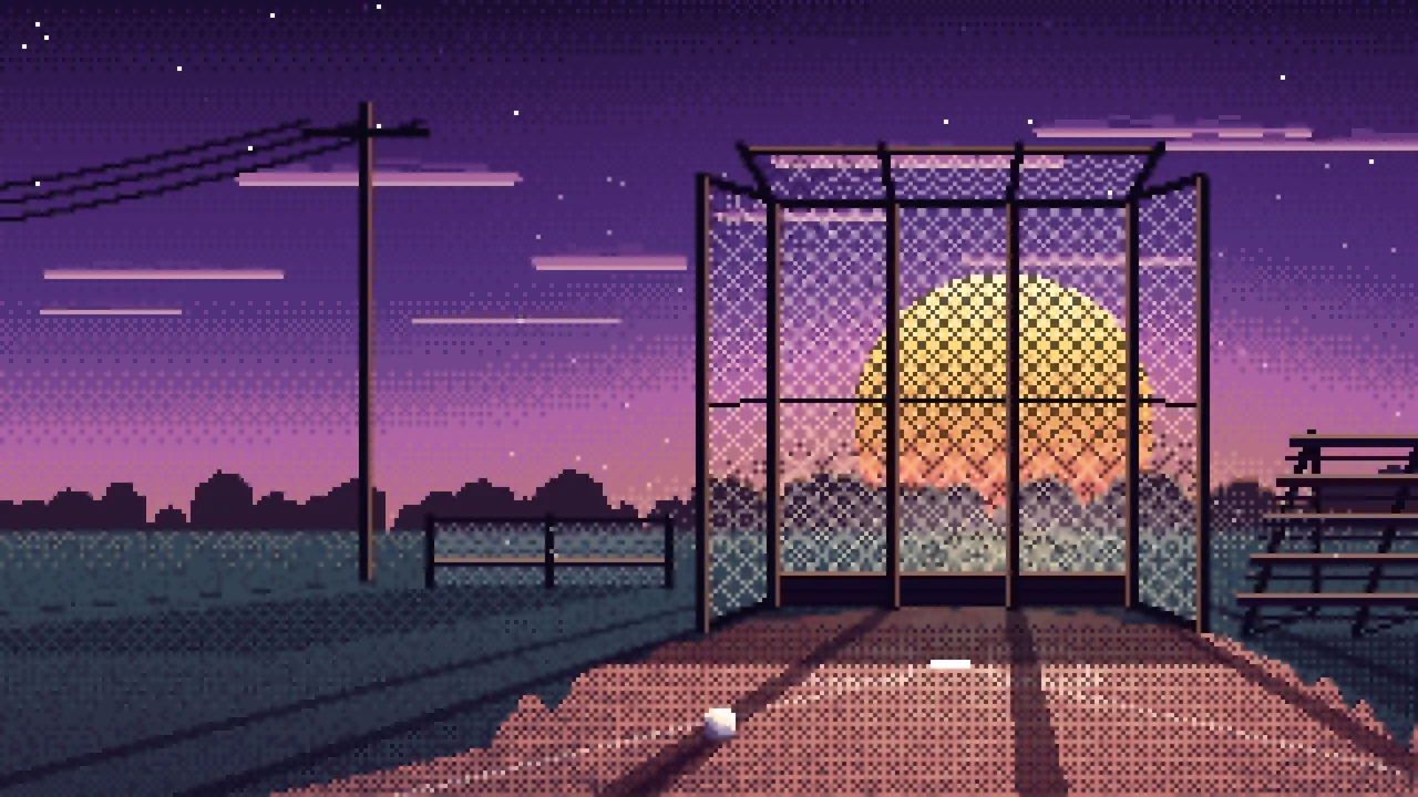 Dark Purple Pixel Art Baseball Backstop at Sunset desktop wallpaper in 4K