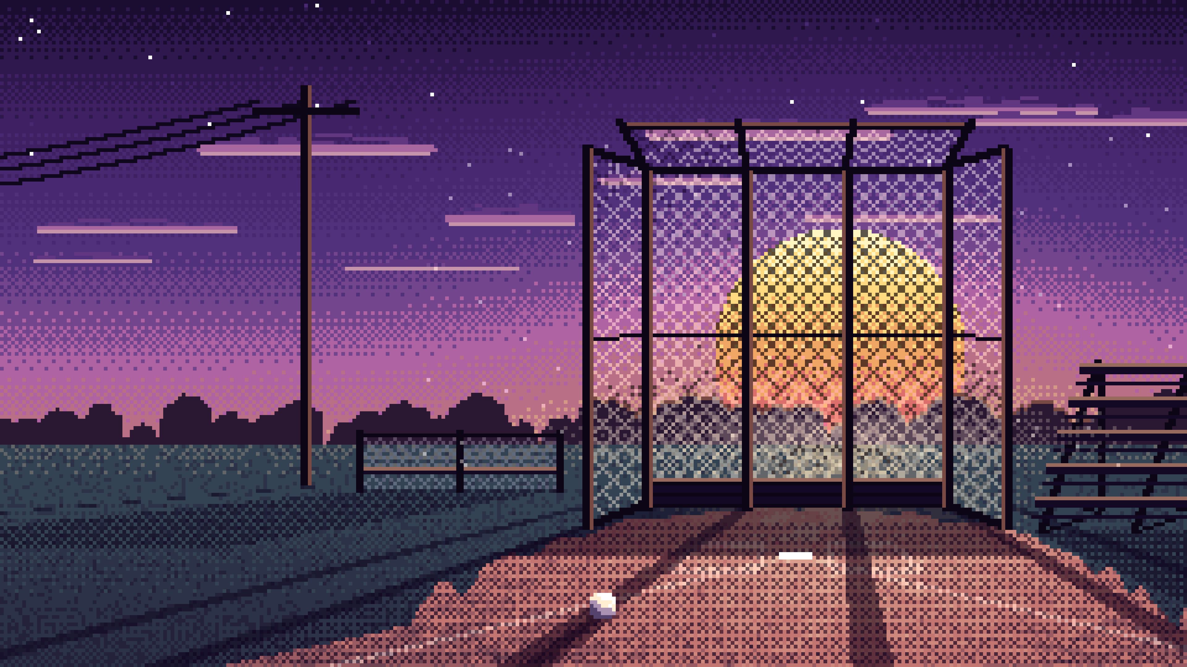 Dark Purple Pixel Art Baseball Backstop at Sunset desktop wallpaper in 4K
