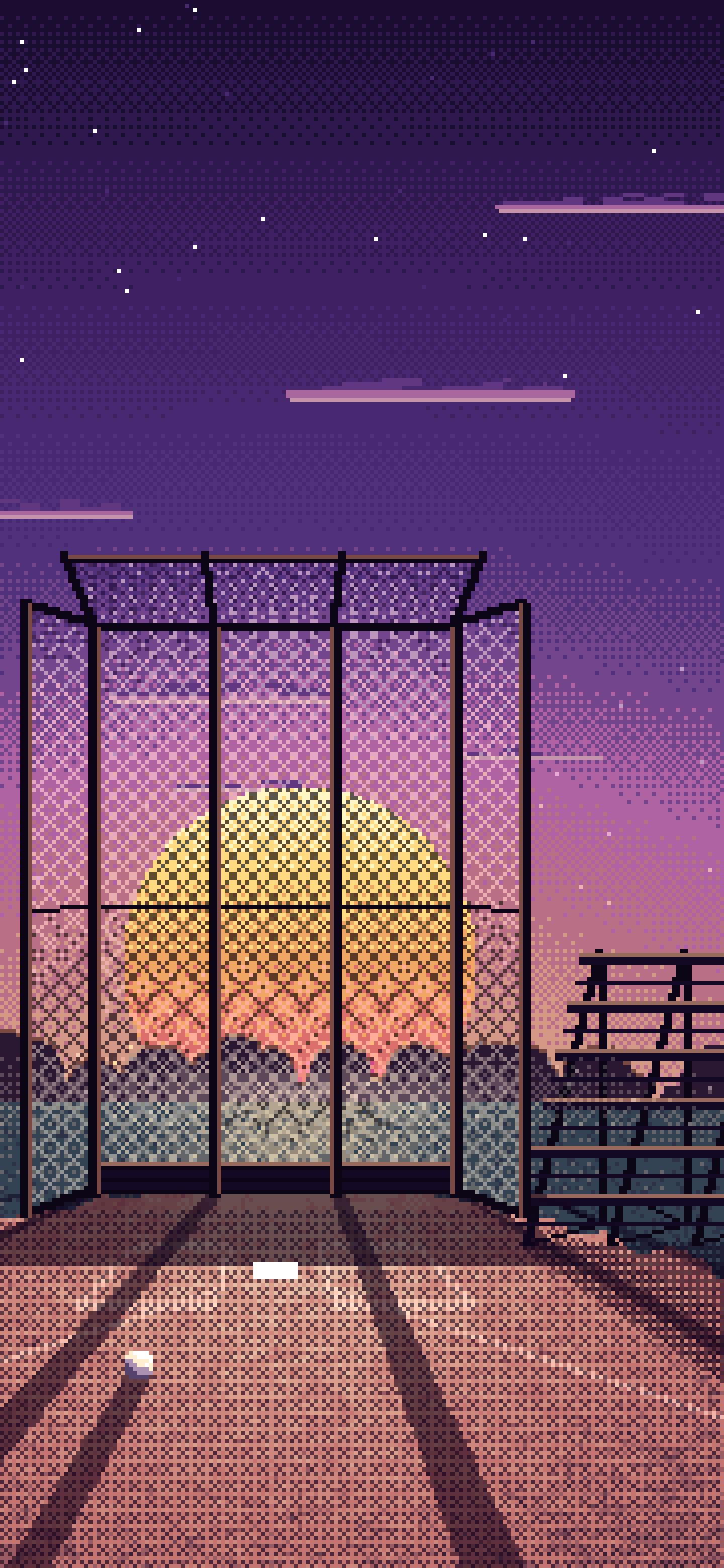 Dark Purple Pixel Art Baseball Backstop at Sunset wallpaper for iPhone and Android