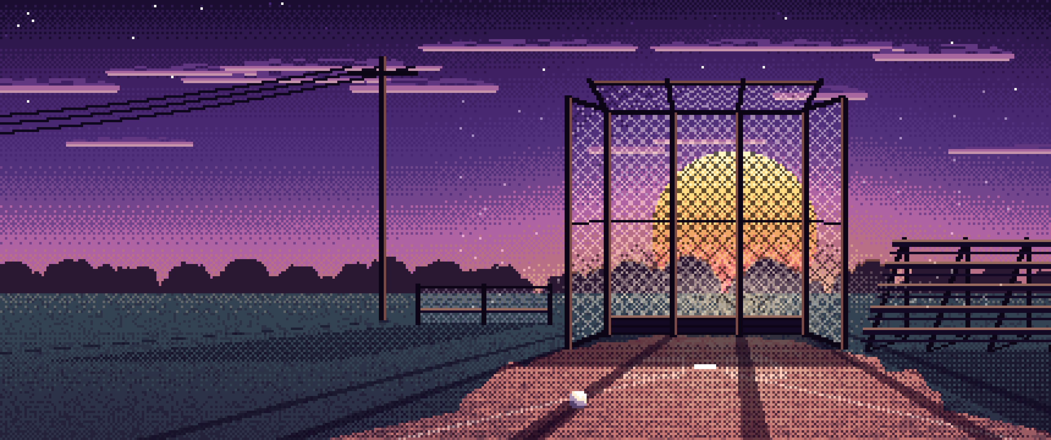 Dark Purple Pixel Art Baseball Backstop at Sunset ultrawide wallpaper, 3440 × 1440