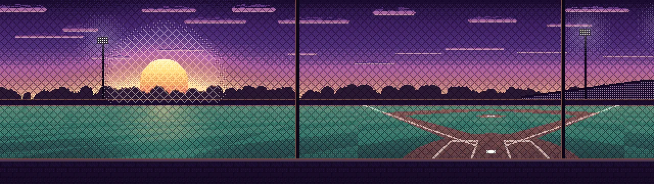 Dark Purple Pixel Art Baseball Field at Sunset dual monitor wallpaper, 7680 × 2160