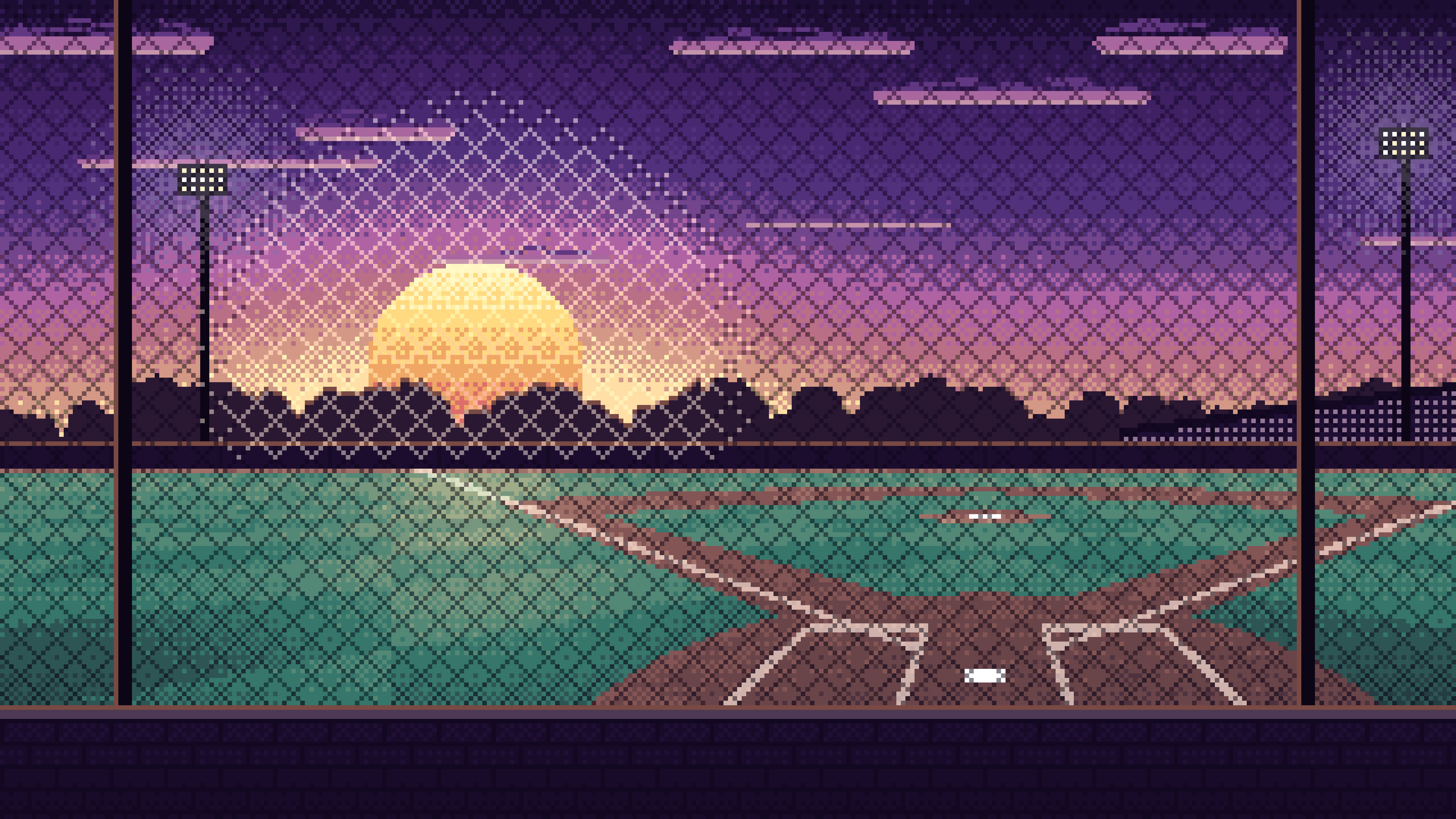 Dark Purple Pixel Art Baseball Field at Sunset desktop wallpaper in 4K