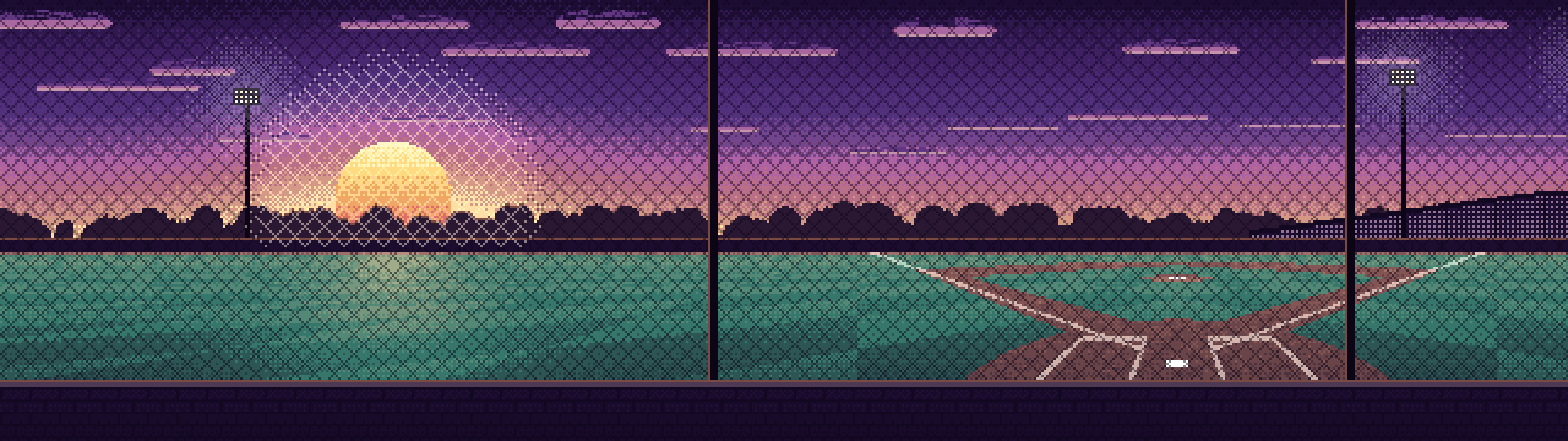 Dark Purple Pixel Art Baseball Field at Sunset dual monitor wallpaper, 7680 × 2160