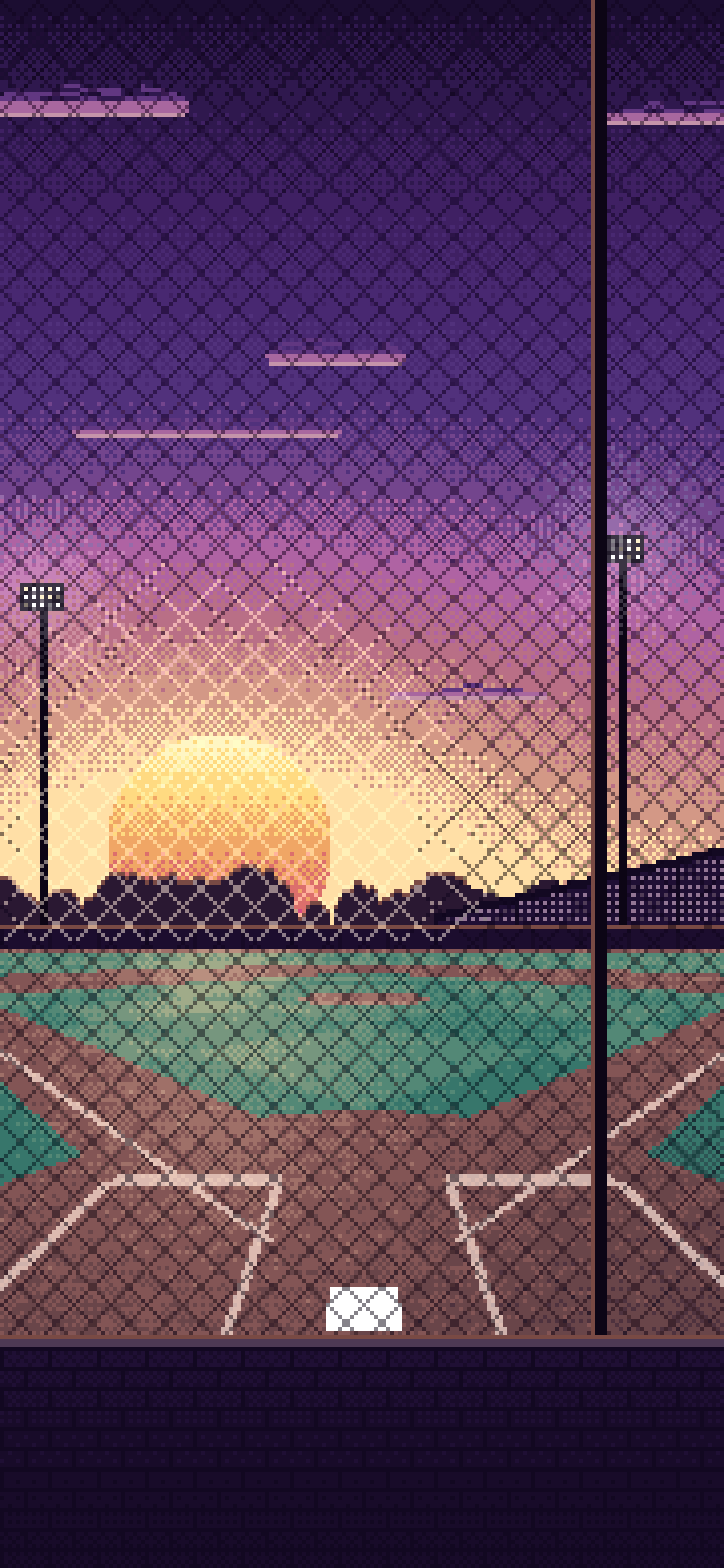 Dark Purple Pixel Art Baseball Field at Sunset wallpaper for iPhone and Android
