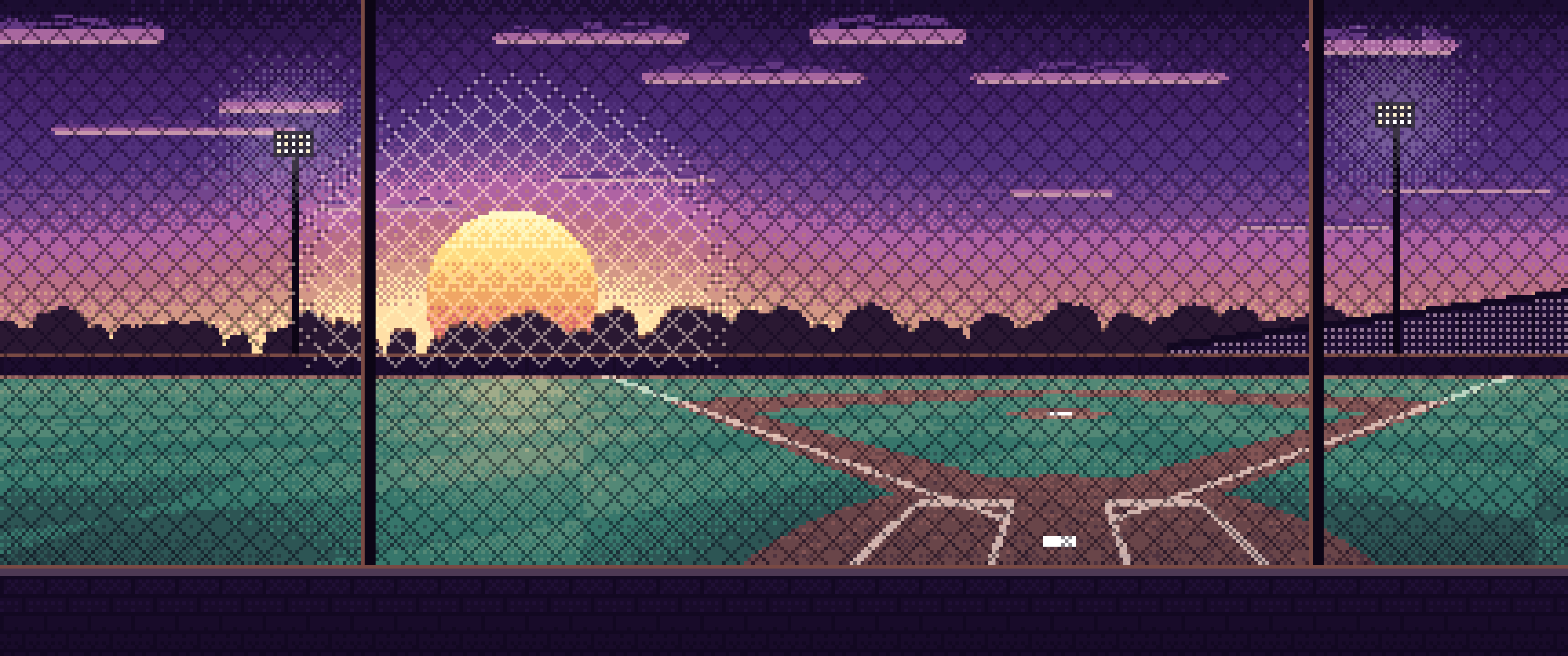 Dark Purple Pixel Art Baseball Field at Sunset ultrawide wallpaper, 3440 × 1440