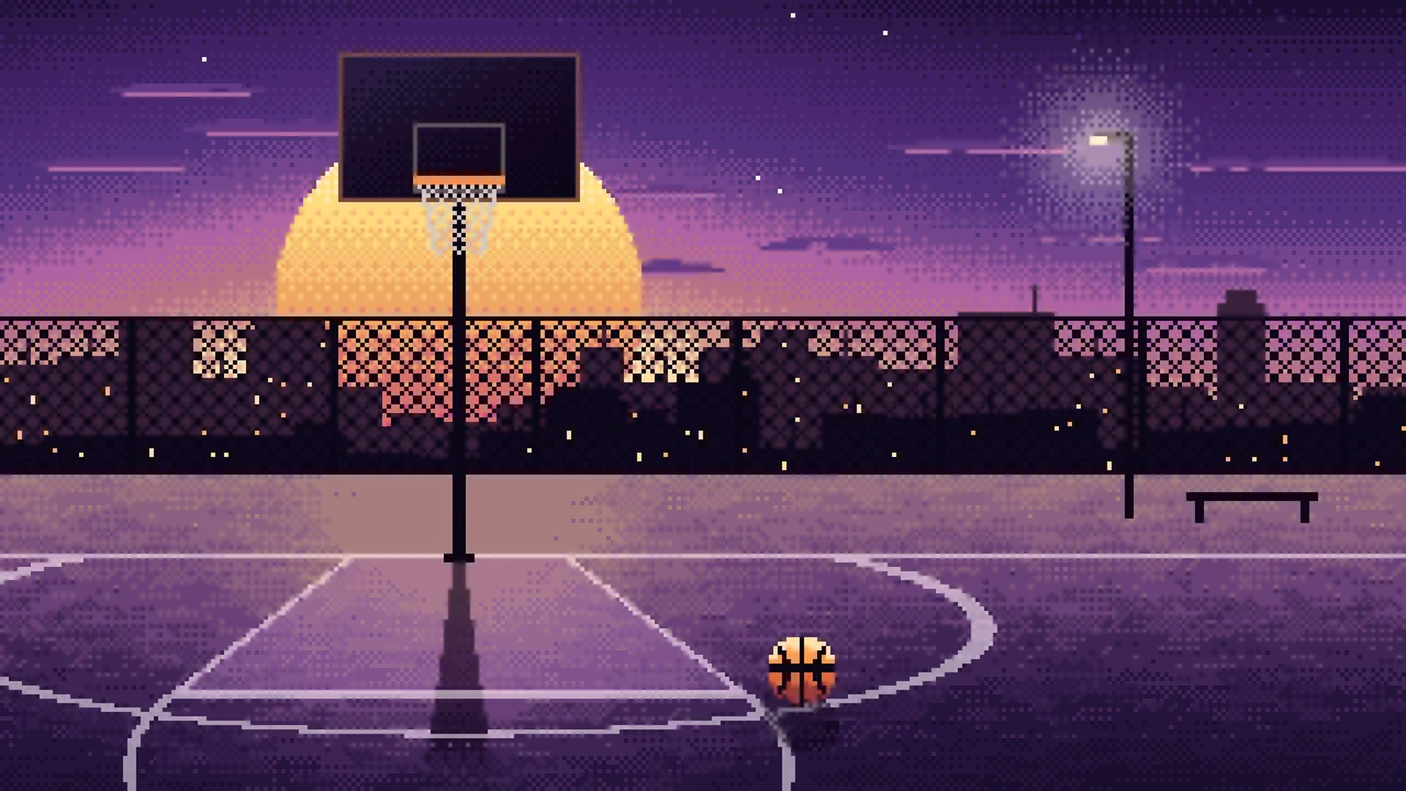 Dark Purple Pixel Art Basketball Court at Sunset desktop wallpaper in 4K