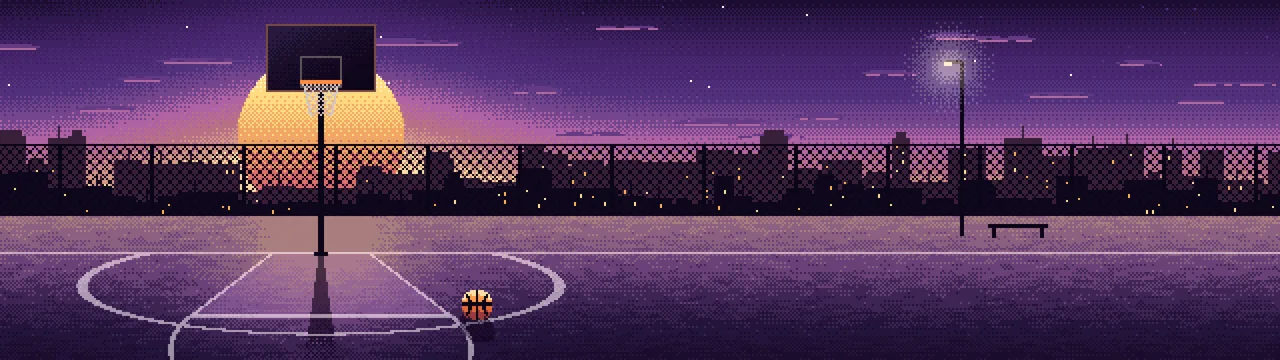 Dark Purple Pixel Art Basketball Court at Sunset dual monitor wallpaper, 7680 × 2160