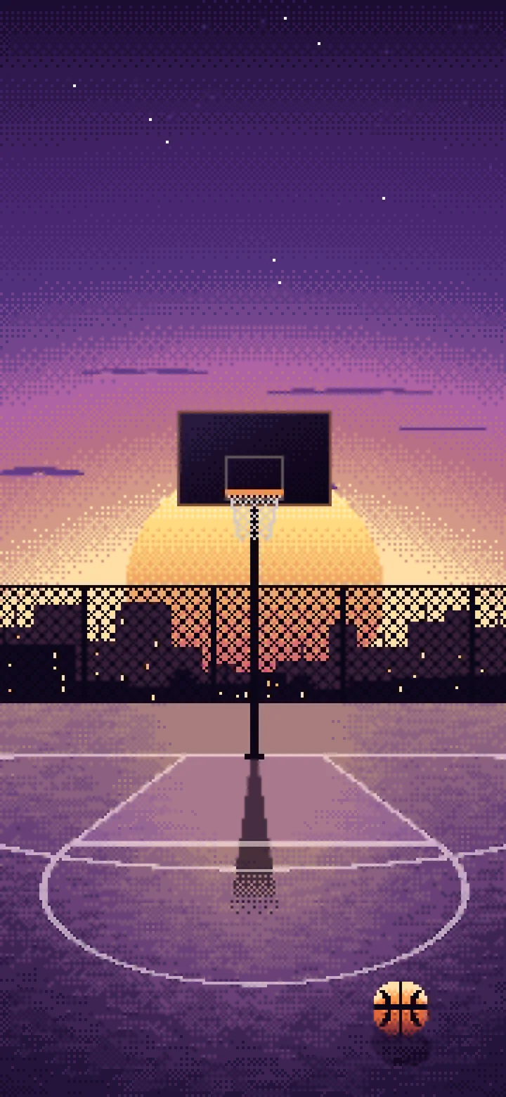 Dark Purple Pixel Art Basketball Court at Sunset wallpaper for iPhone and Android