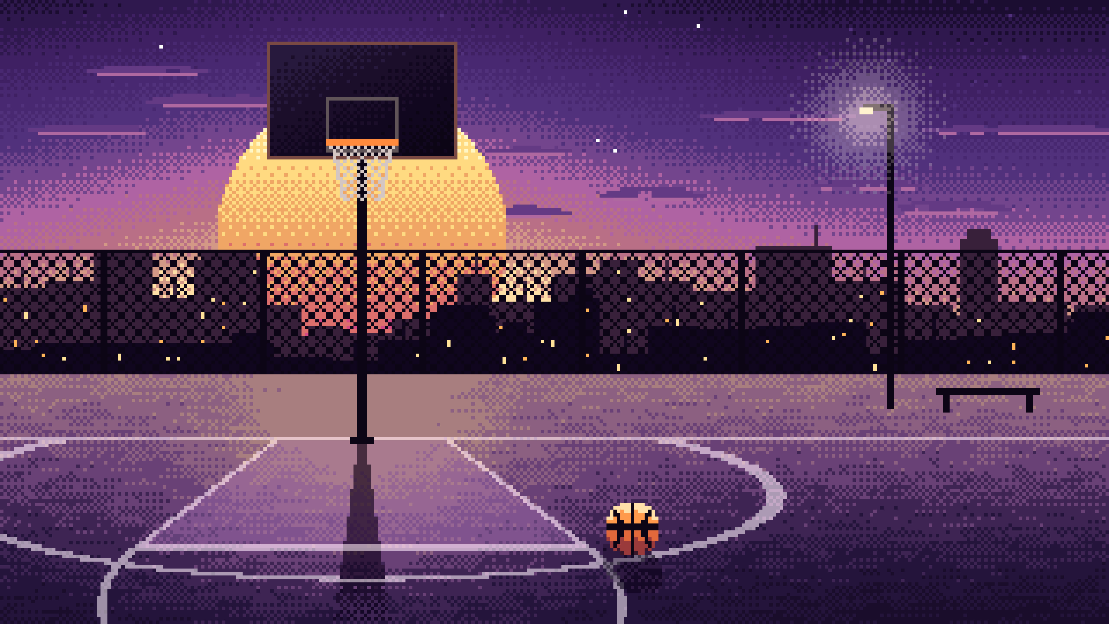 Dark Purple Pixel Art Basketball Court at Sunset desktop wallpaper in 4K